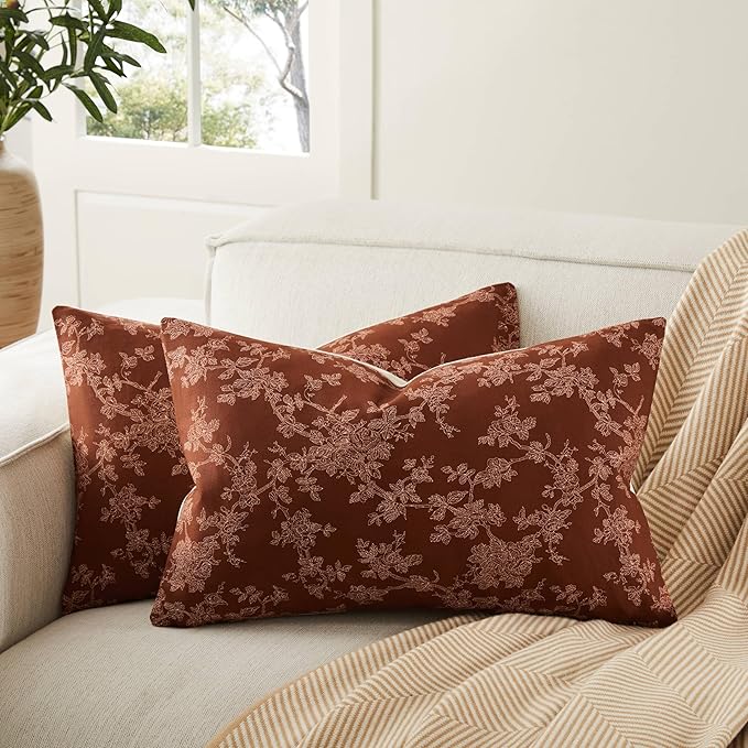 100% Cotton French Pastoral Throw Pillow Covers Set of 2, 12x20 Inch Background/Terracota Farmhouse Decorative Cushion Covers for Sofa Bed Living Room Home Decor