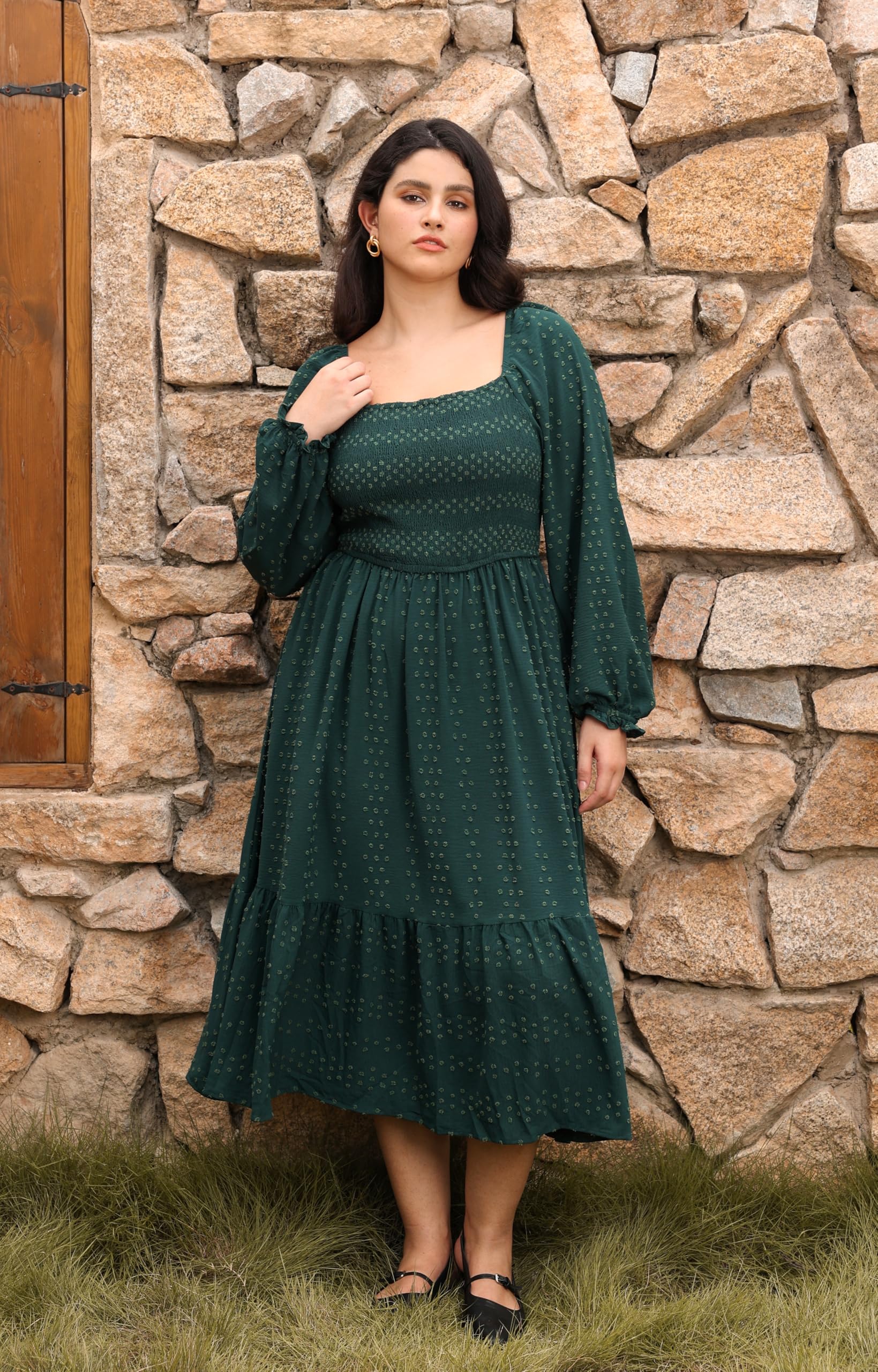 RITERA Herbstkleider in Übergröße für kurvige Frauen, Maxi-Hochzeitsgäste, langärmelig, gesmokt, schweizer Punkt, Winterkleid, Taschen, XL-5XL