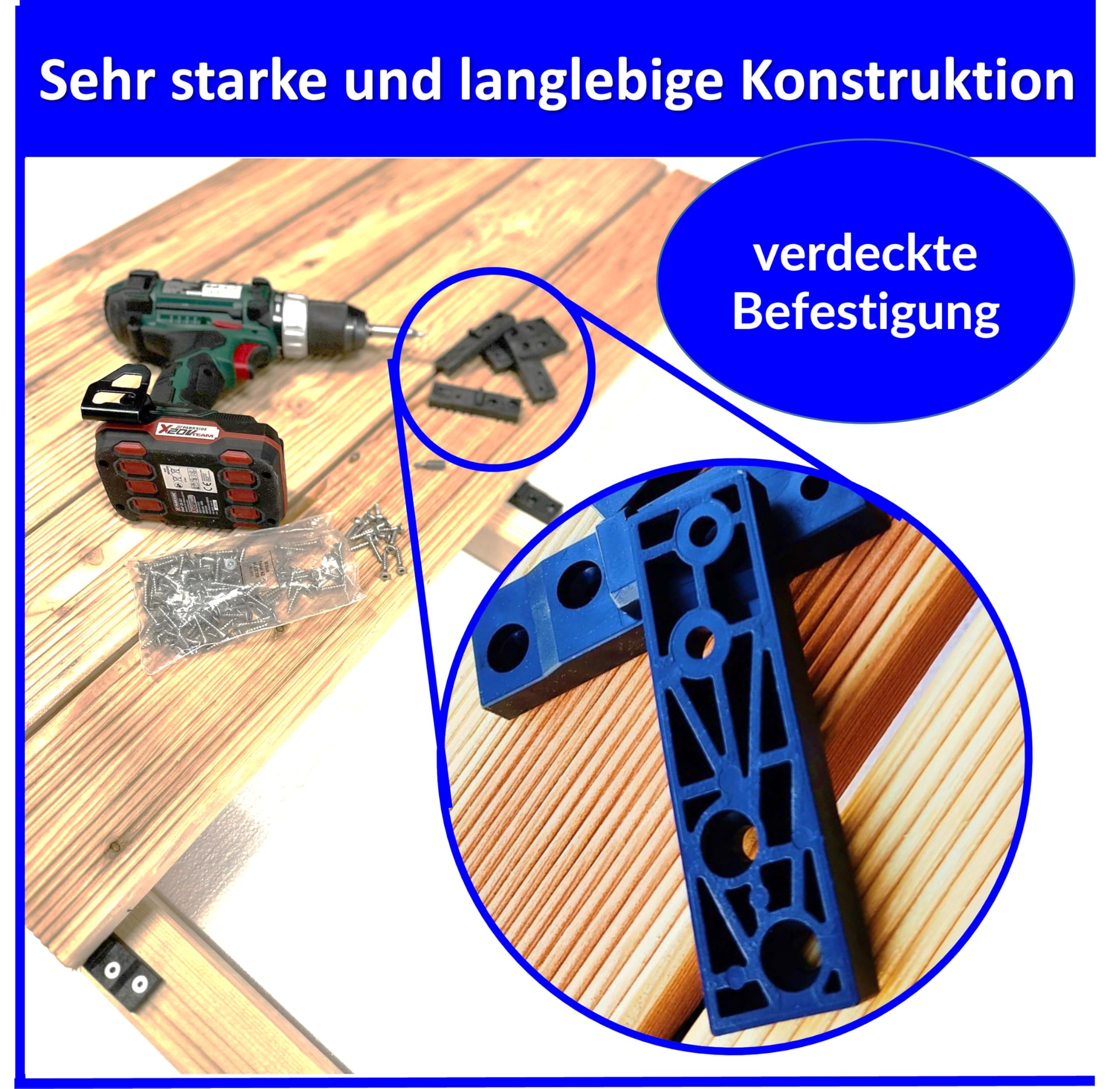 Abstandhalter für Terrassendielen verdeckte Befestigung Fugenbreite 2 mm / 4 mm oder 7 mm Inkl. Edelstahl Schrauben + 1 Bit (100, HOLZ Unterkonstruktion, 4 mm Fugenbreite)