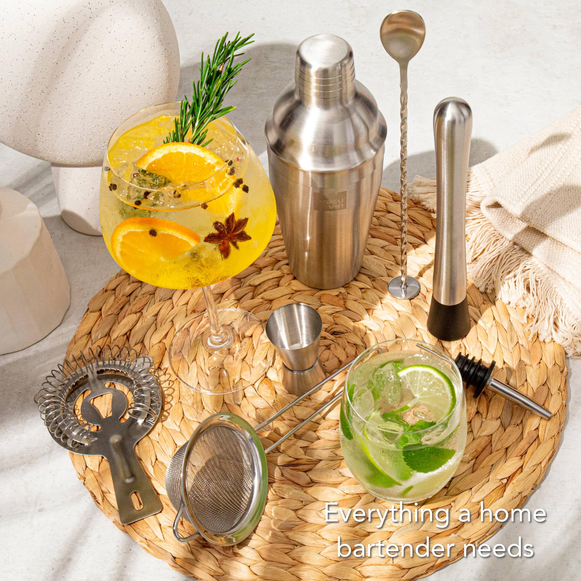 Vacu Vin Cocktail-Set Plus – 7 unverzichtbare Werkzeuge zum Mischen und Servieren von Cocktails – spülmaschinenfest – Cocktailshaker, Doppel-Messbecher, Stößel, Hawthorne-Sieb – perfekte Weingeschenke