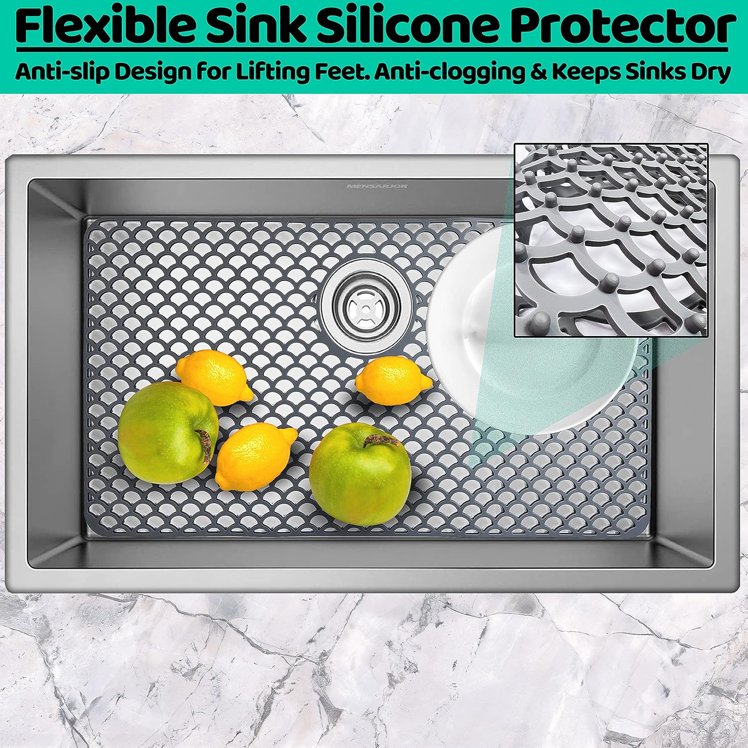 Stainless Steel Porcelain Sink Mat - 28.3''x15.2'', Heat Resistant Non-Slip, Fits Back Drain Kitchen Sink Grid