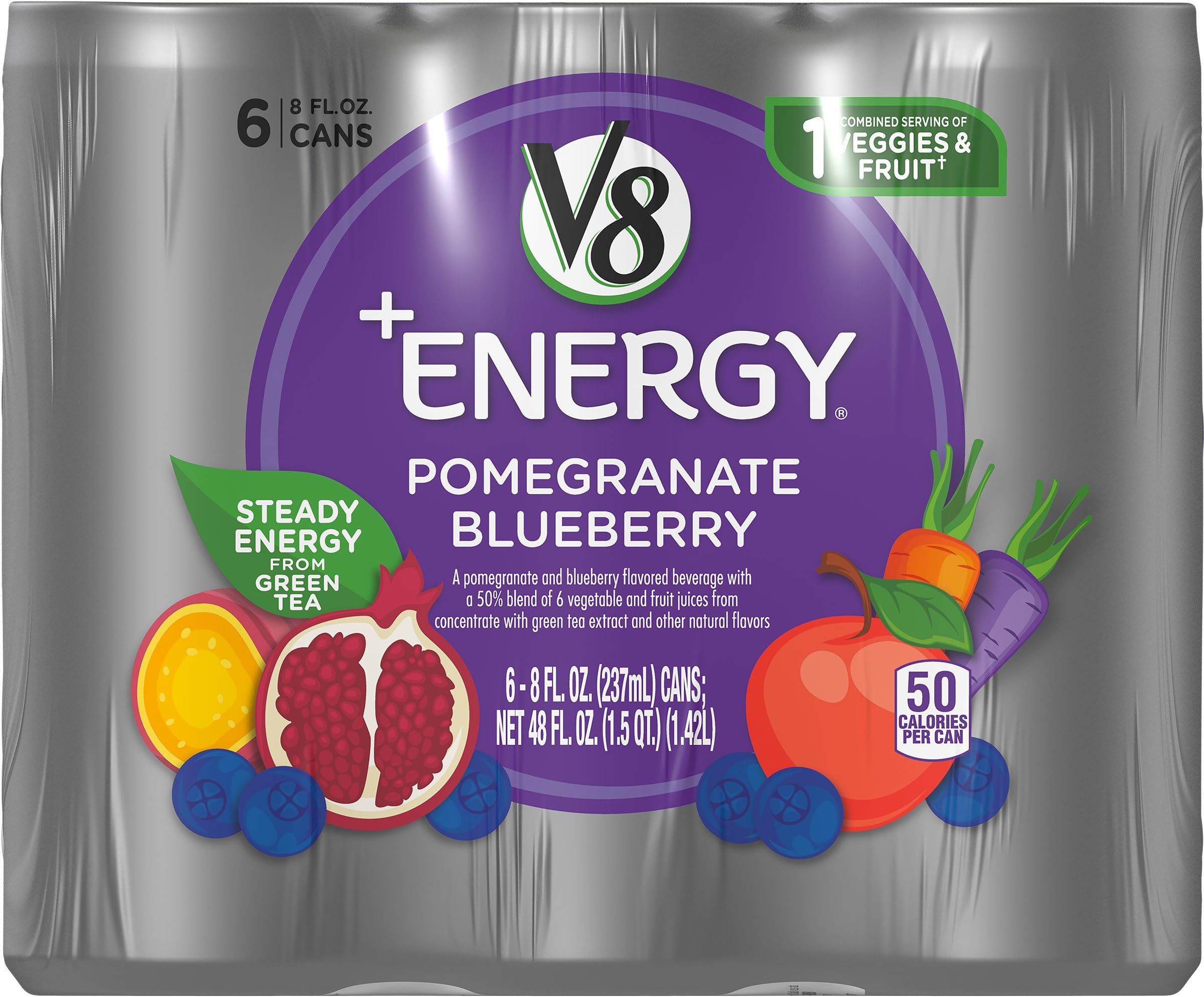 Energy, Juice Drink with Green Tea, Pomegranate Blueberry, 8 oz. Can, 6 Count