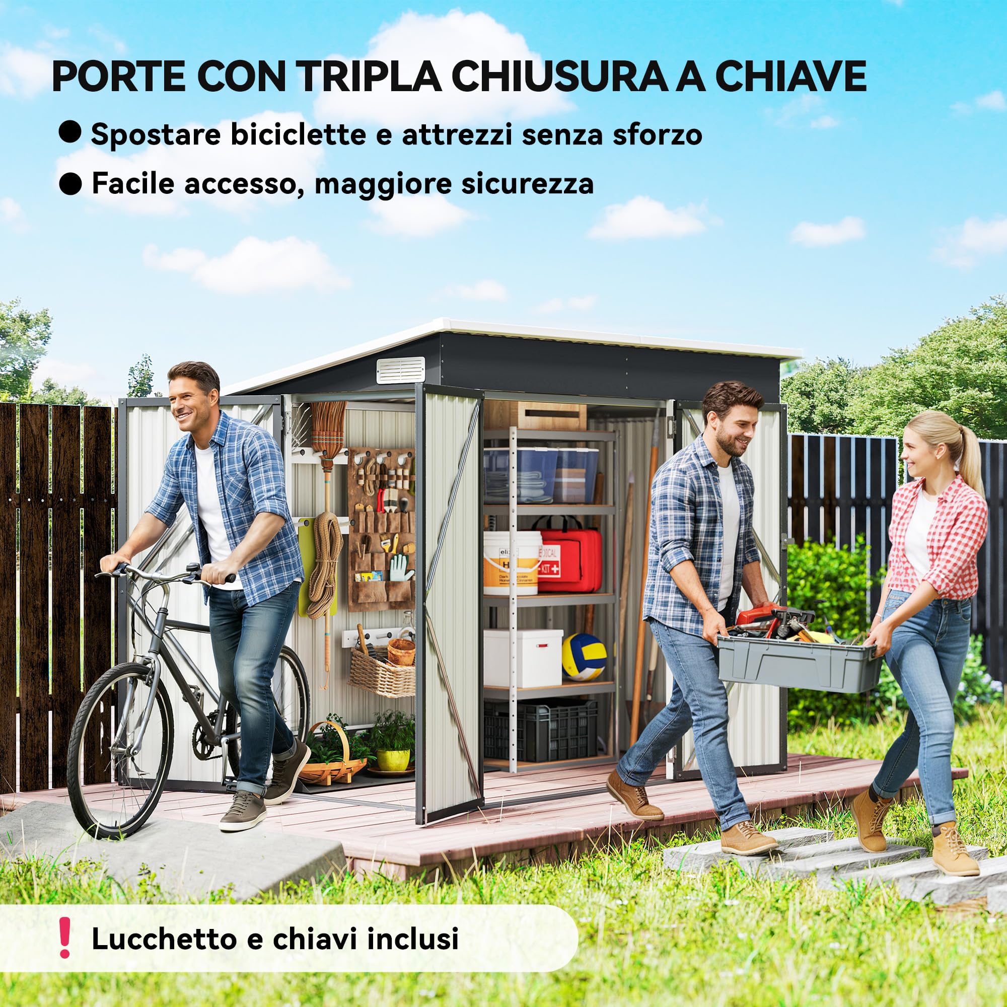 Outsunny Casetta da Giardino 2.68m² 3 Porte 234x132x185 cm Grigio Scuro