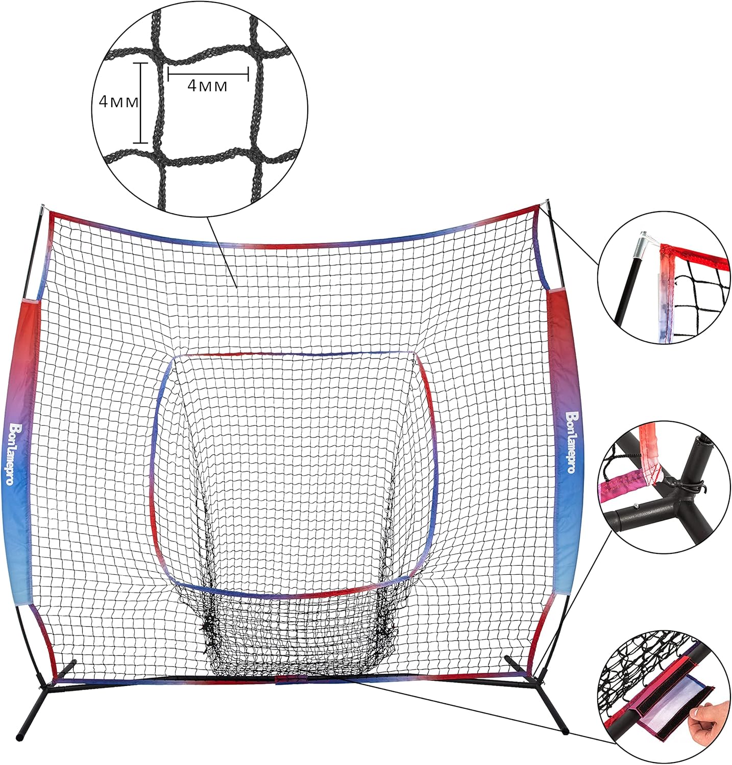 BONLAMEPRO 7' x 7' Baseball Softball Practice Net Portable Hitting Pitching Batting Training Net Large Mouth Metal Bow Frame Backstop Net with Carry Bag for Throwing, Pitching and Catching (3and1 Net) : Sports & Outdoors
