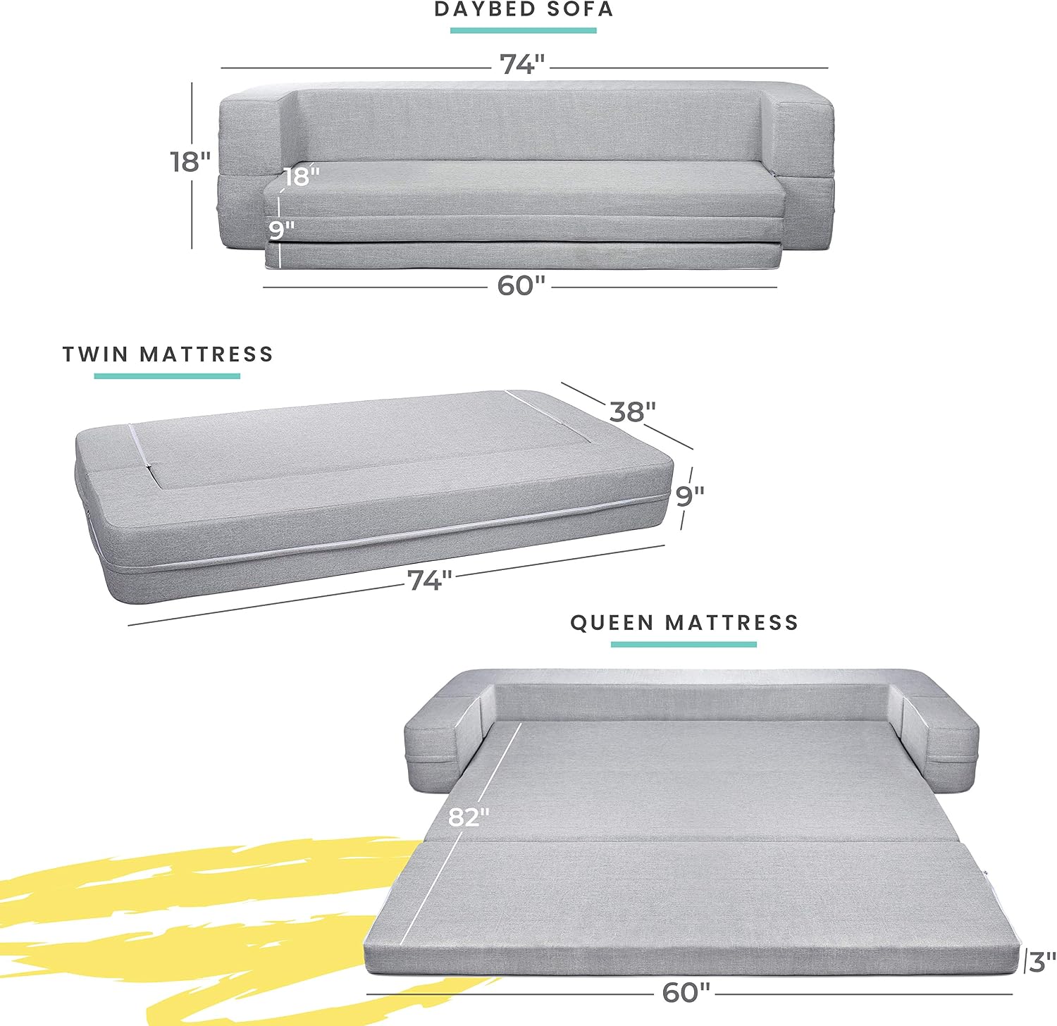 Milliard Daybed Sofa Couch Bed Queen to Twin Folding Mattress (Queen-Twin) Fold Out