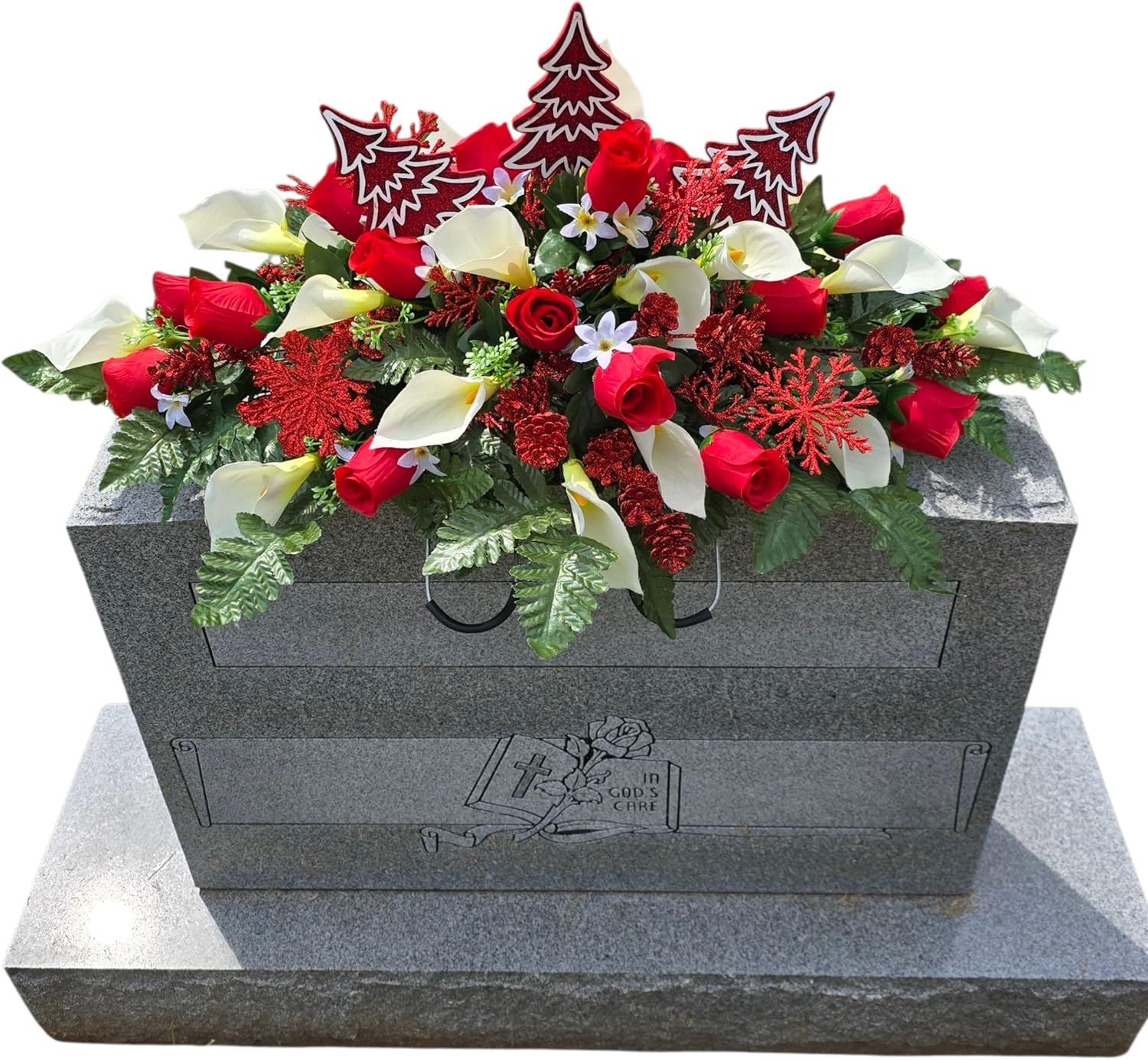 Flowers for Winter HeadstoneRed Rosebuds, Cream Calla Lilies and Red Glitter Christmas Trees & Snowflakes for Winter Headstone Decorating