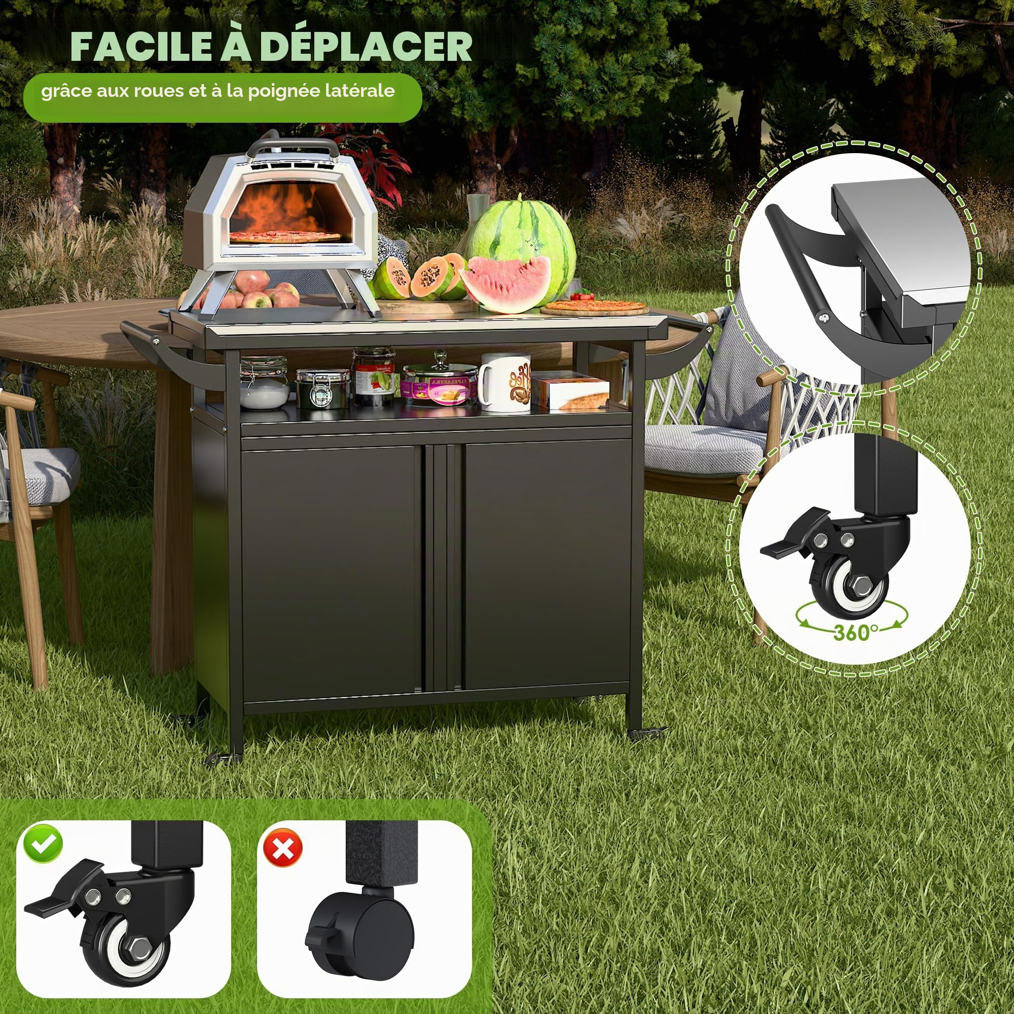 SUPEER Chariot de barbecue, table à pizza avec 4 roulettes, plateau de table en acier inoxydable 304, chariot pour barbecue, chariot de service d'extérieur, chariot de jardin