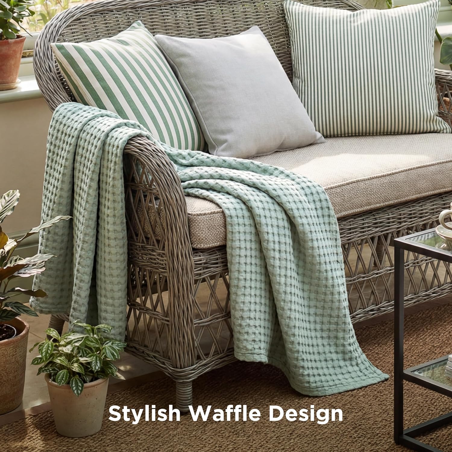 Bedsure Cooling Cotton Waffle Weave Blanket - Lightweight Breathable Blanket of Rayon Derived from Bamboo for Hot Sleepers, Luxury Throws for Bed, Couch and Sofa, Mint Green, 50x70 Inches thumbnail