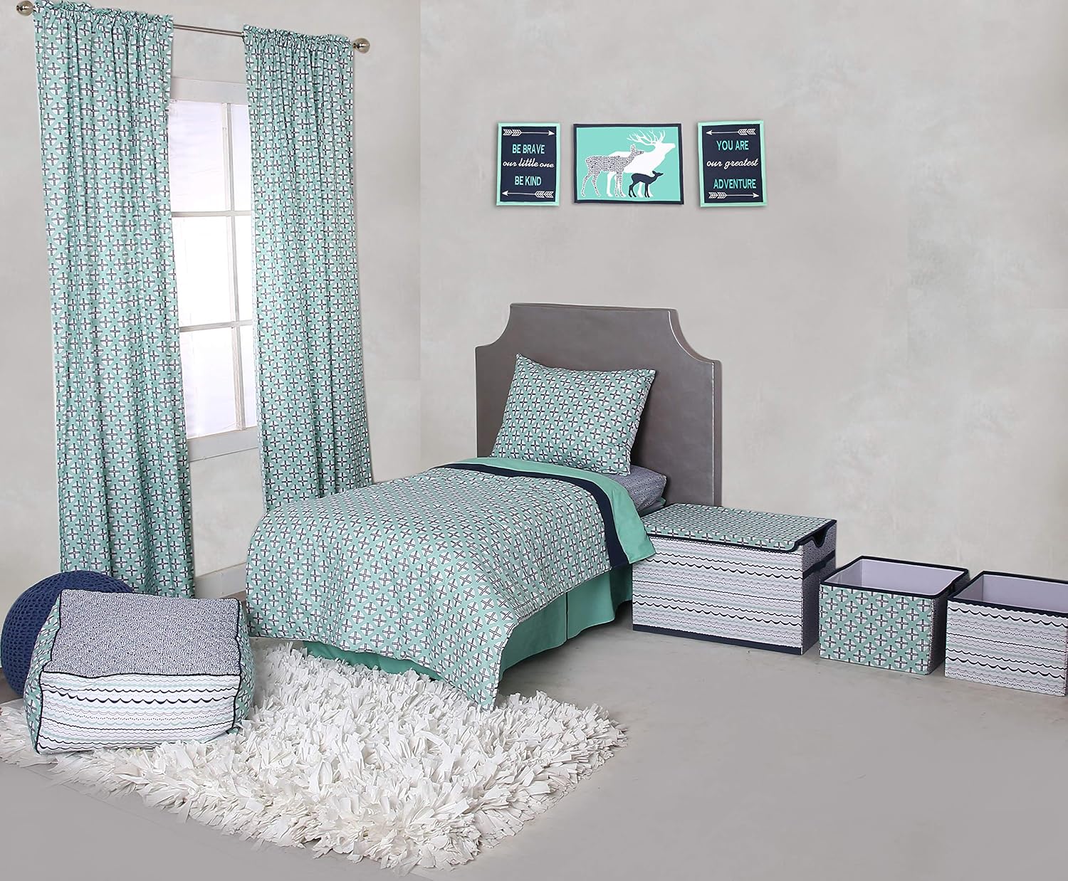 Bacati - Tribal Toddler Bedding Products (4 pc Toddler Bedding Set, Mint/Navy)