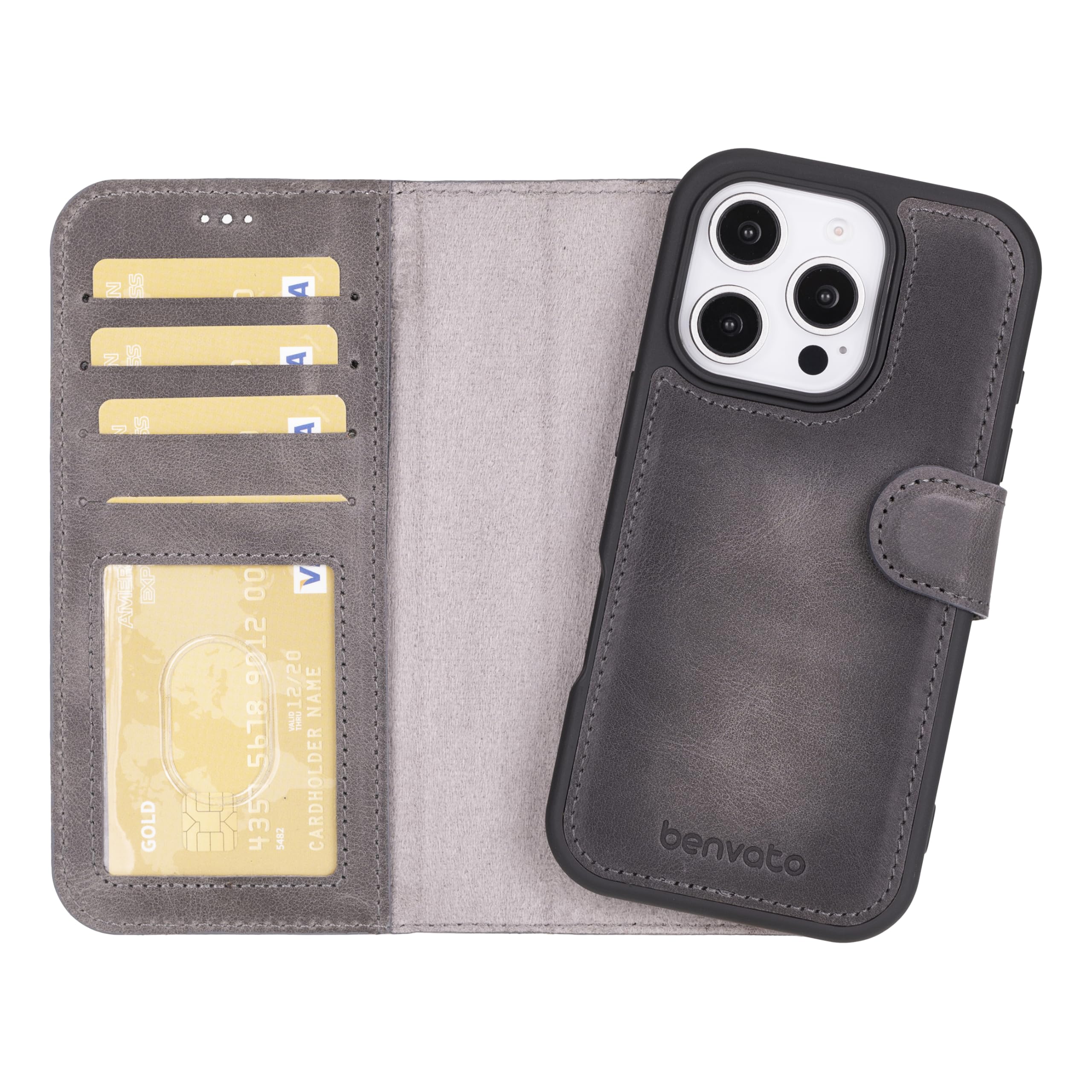 benvato Leather Wallet Case for iPhone 16 Pro 6.3" Magsafe Compatible, Detachable Magnetic Flip Cover, Shock Absorbent, Handcrafted Genuine Leather 2