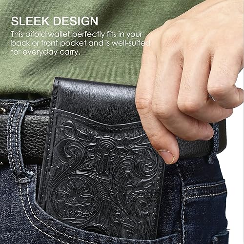 Miniatura 5 de Billetera de cuero de grano completo para hombre, billetera de tarjeta de crédito RFID plegable para regalo para él, negro (Cowboy Black), Retro