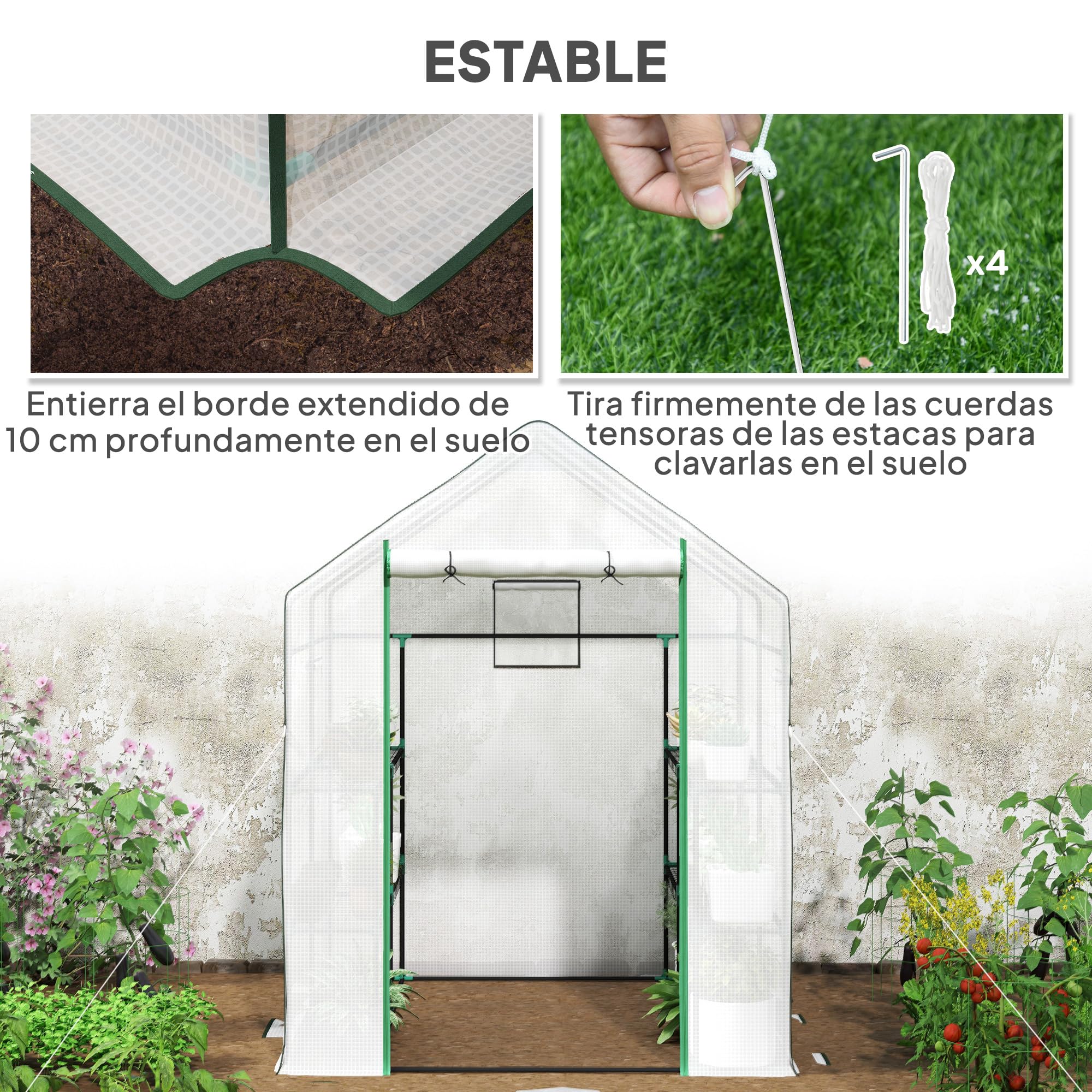 Outsunny Serra tunnel 3 livelli 8 ripiani 140x143x190 cm Bianca | Piccola serra, copertura PE rinforzata, serra da giardino, porta arrotolabile, tre finestre a rete