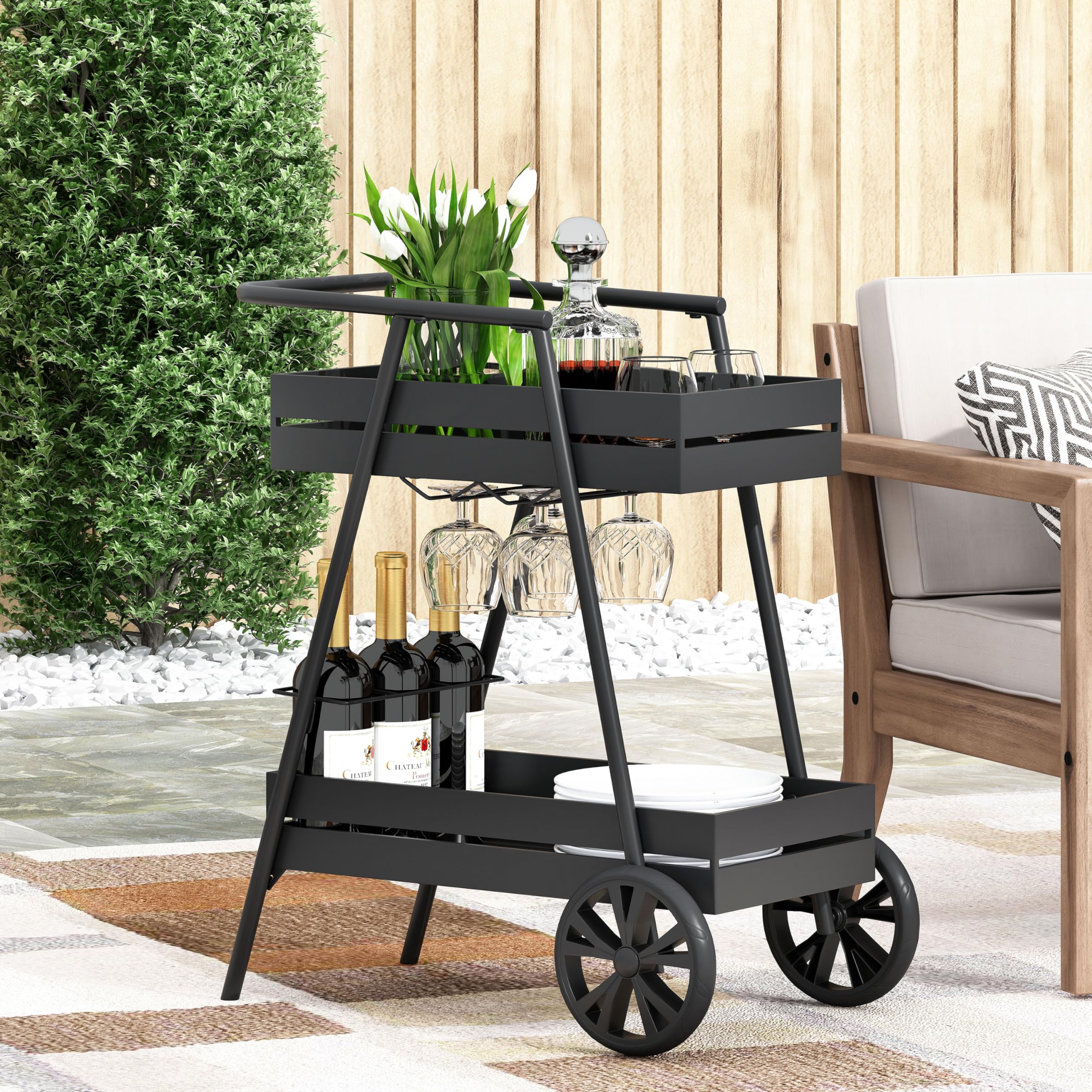 3-Bottle Mobile Bar Cart On Wheels - Metal Rolling Trolley With Wine Rack & Top Shelf For Home, Kitchen, Party (Black)