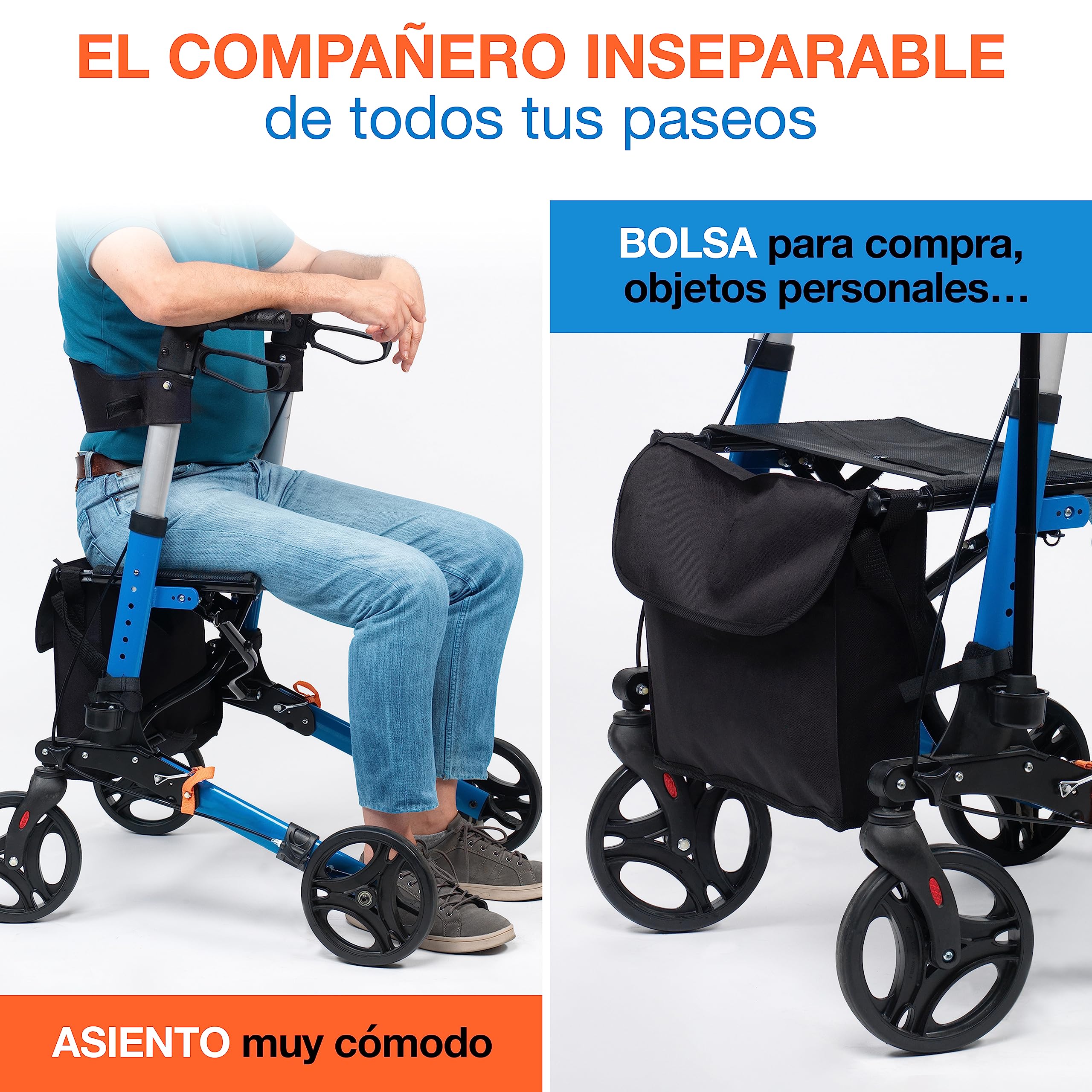 ANDADOR "4 EN 1" VIDA FÁCIL Galería del Coleccionista. Carrito Ortopédico para personas mayores, convalecientes… Aluminio superligero, Asiento, 4 Ruedas, Frenos, Bolsa. Totalmente Plegable. 011700126