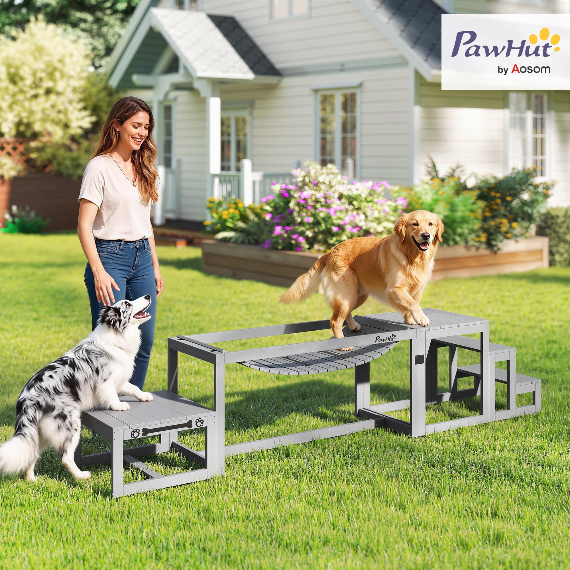 PawHut Equipo de Entrenamiento Agilidad para Perros 3 Piezas Gris | Kit de Agilidad para Perros, 3 Piezas, Plataforma de Pausa, Escalera, Madera Maciza, Material de Propiedocepción