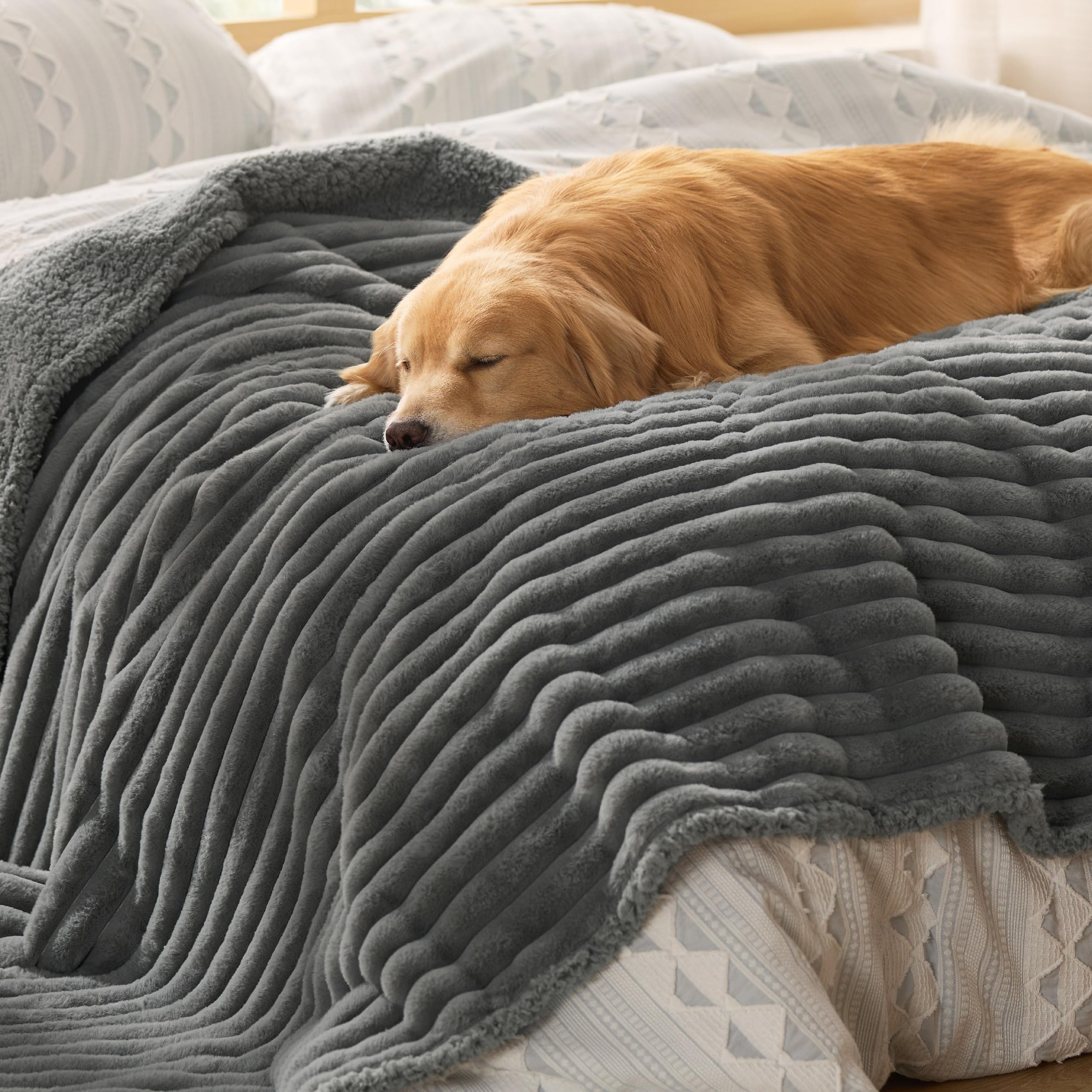 Bedsure Manta para Perros Grandes, Manta Sofá Impermeable y Suave para Perro Gato Pequeño Mediano Antipelos Mascotas, Cama, Lavable a Máquina (152x203cm, Gris)