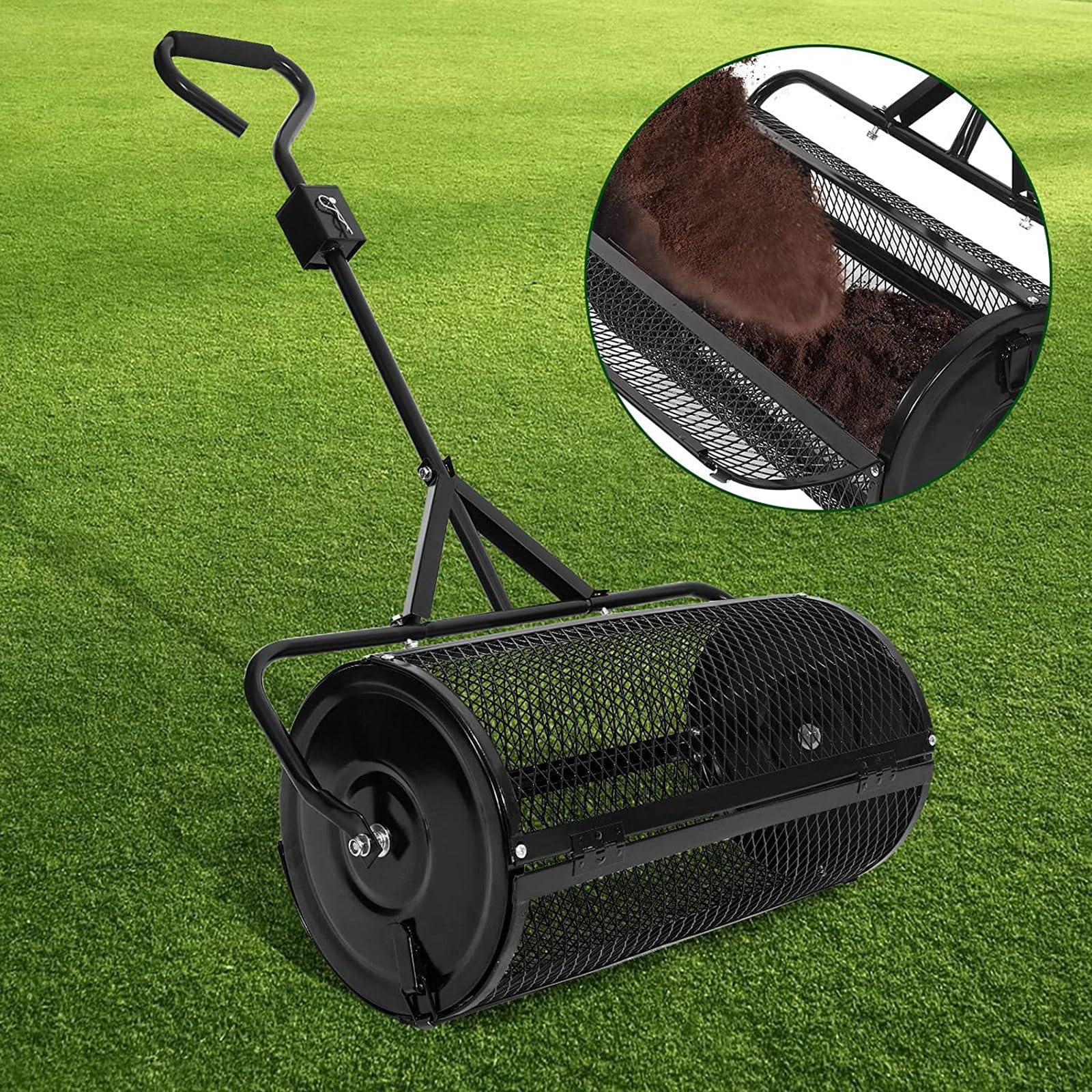 Esparcidor de abono (32 x 60 cm) – Cesta de malla de metal resistente, esparcidor de estiércol de turba y musgo, para plantar semillas, césped, cuidado del jardín, color negro