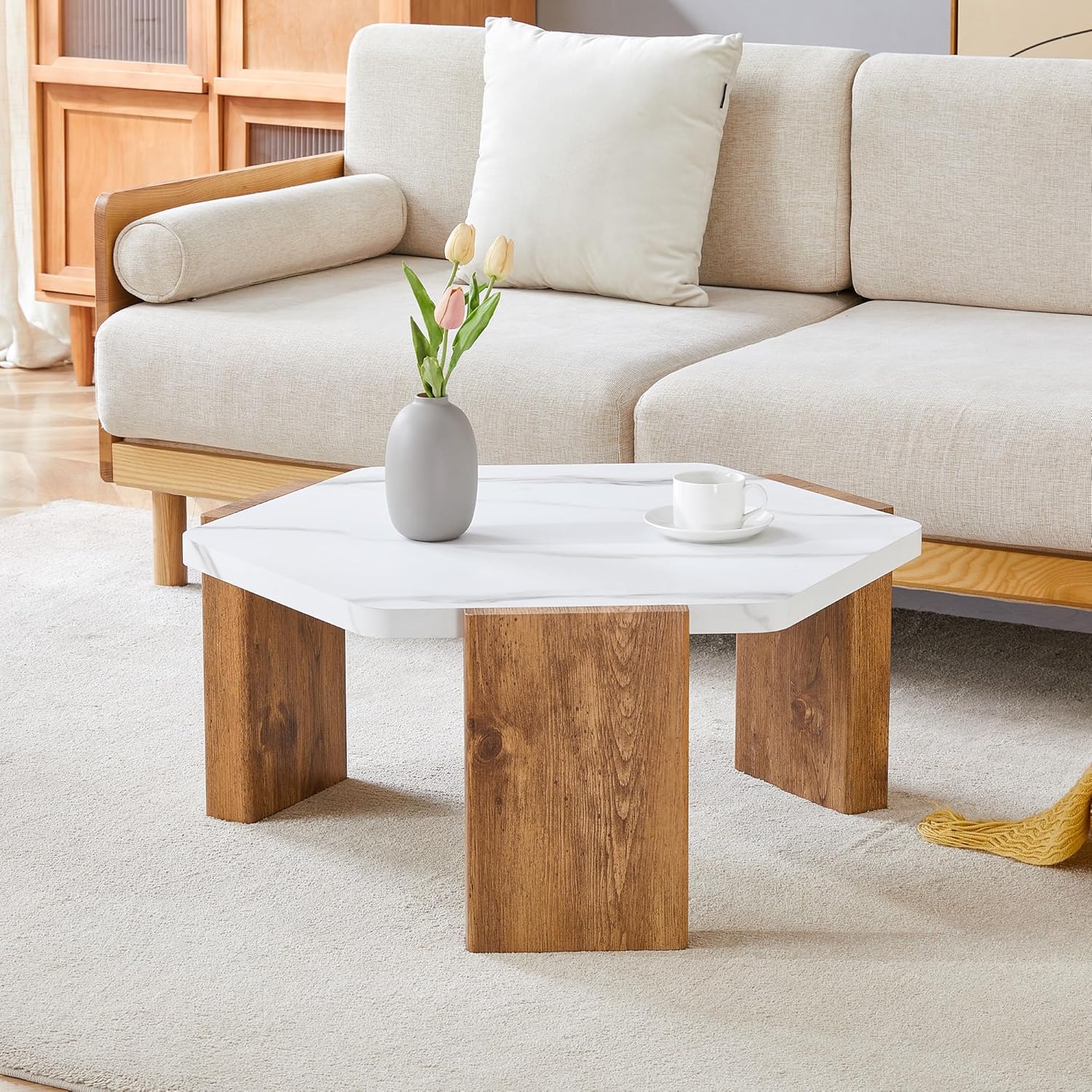 Coffee Tables for Living Room：A Modern and Stylish 31in Small Coffee Table Hexagon，White Marble Top with Wooden Legs, Wood Coffee Table, Ideal Center Table for Your Home