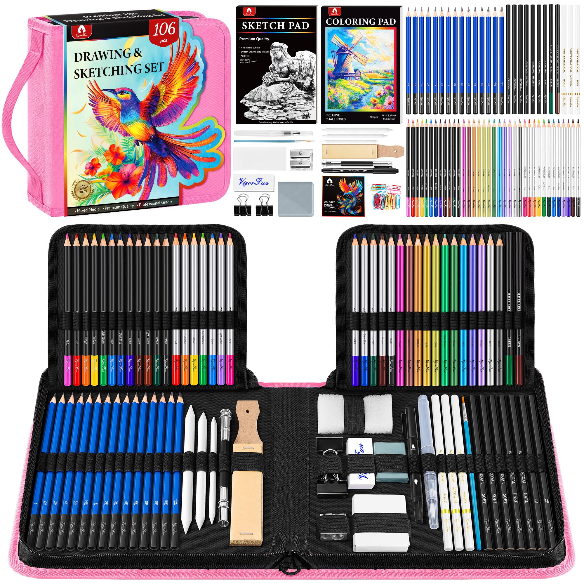 Kit di 106 pezzi di forniture artistiche per schizzi, matite da disegno professionali con album da disegno a 3 colori, libro da colorare, grafite colorata carbone acquerello e matite metalliche,