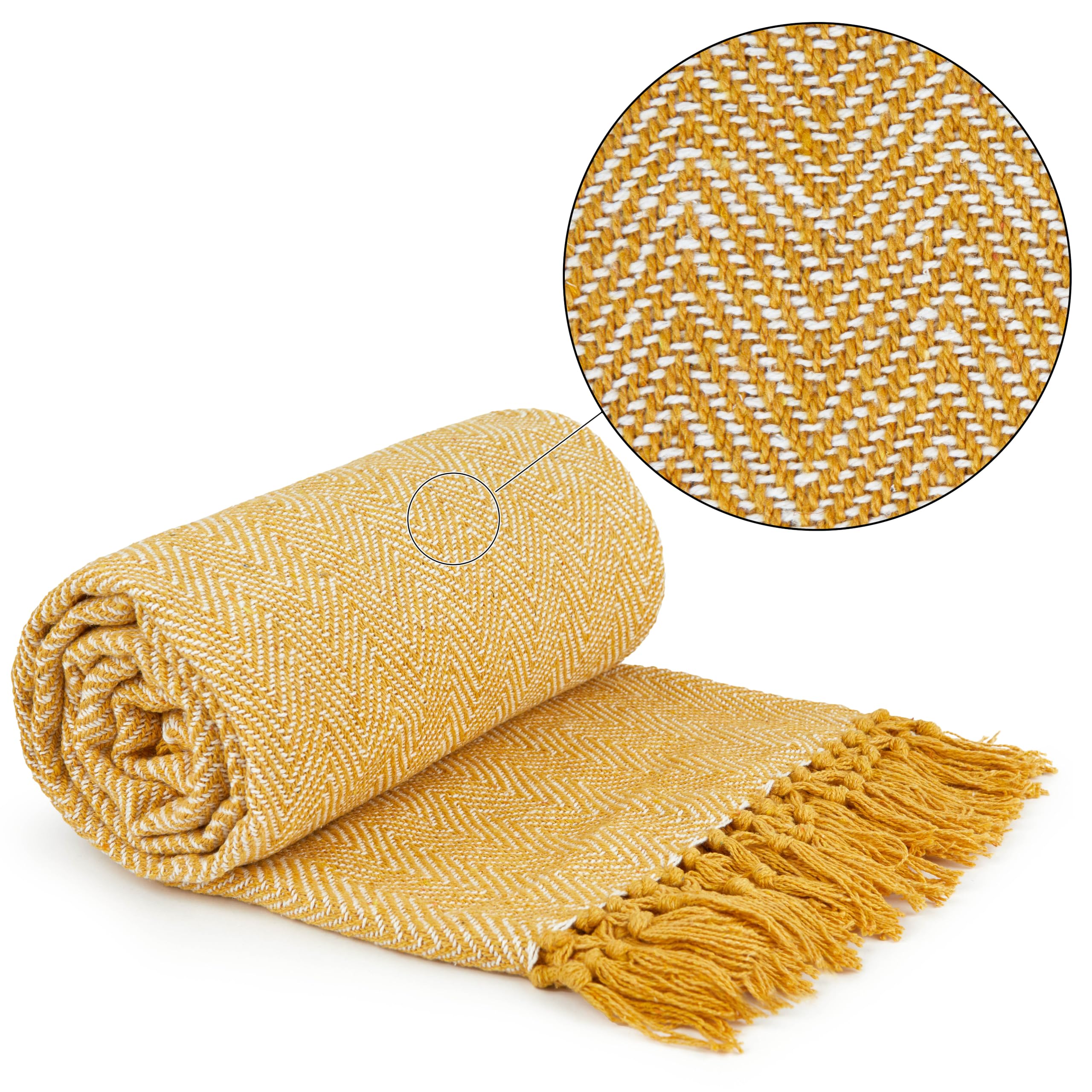 Emma Barclay Herringbone - Recycled Cotton Patterned Chair Sofa Setee Bed Throw Over Blanket in Ochre Yellow - 50x60 (127x152cm)