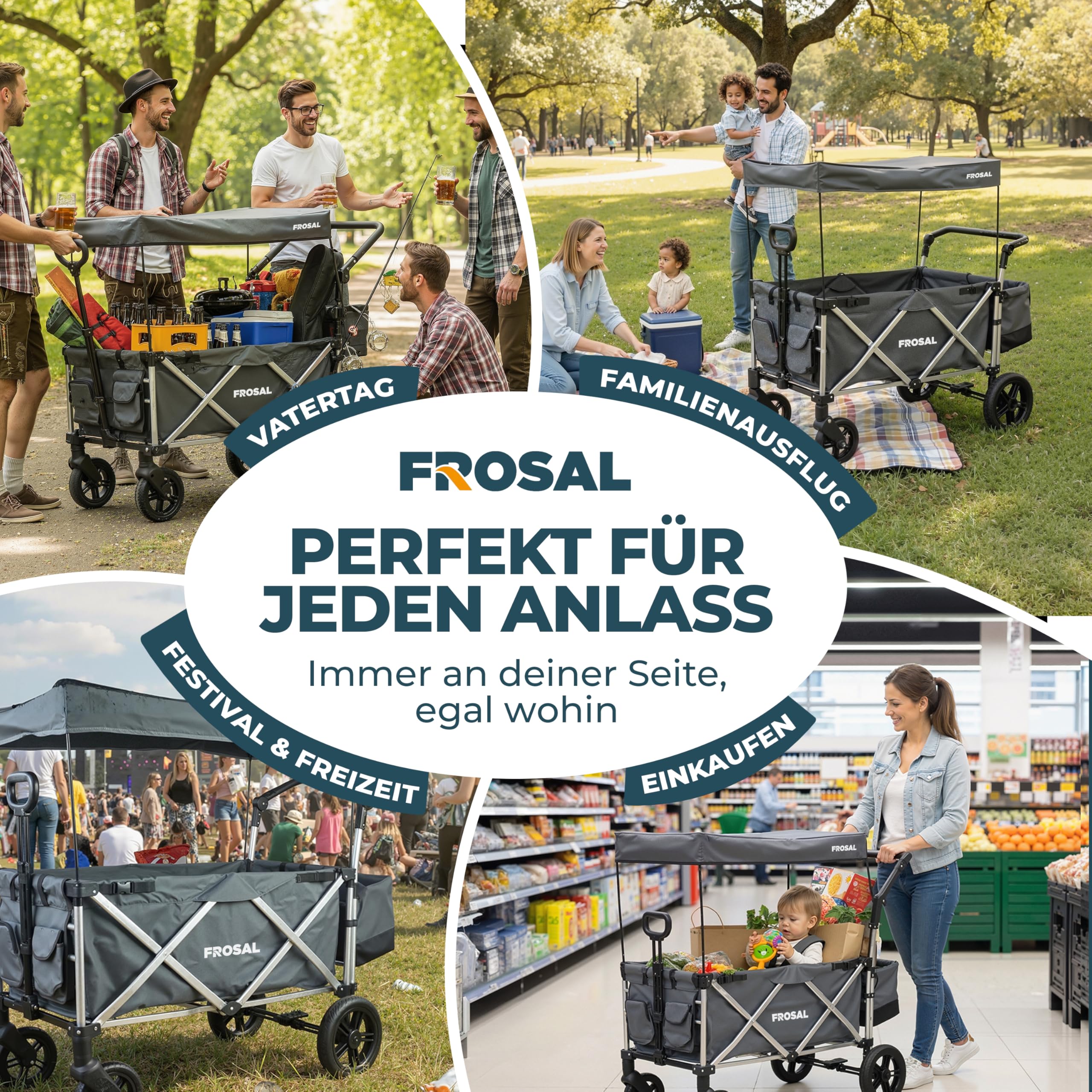 FROSAL Bollerwagen Victor faltbar mit Dach & Bremse – Handwagen klappbar für Kinder, Garten, Camping & Strand – 80kg belastbar, 360° Räder, viel Stauraum, Transportwagen mit Sonnendach