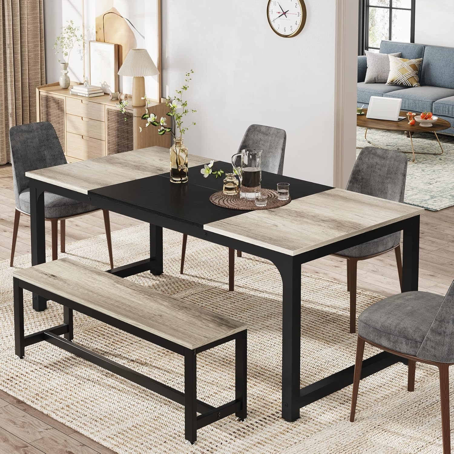 Tribesigns dining table in a modern dining room setting with chairs and a bench.