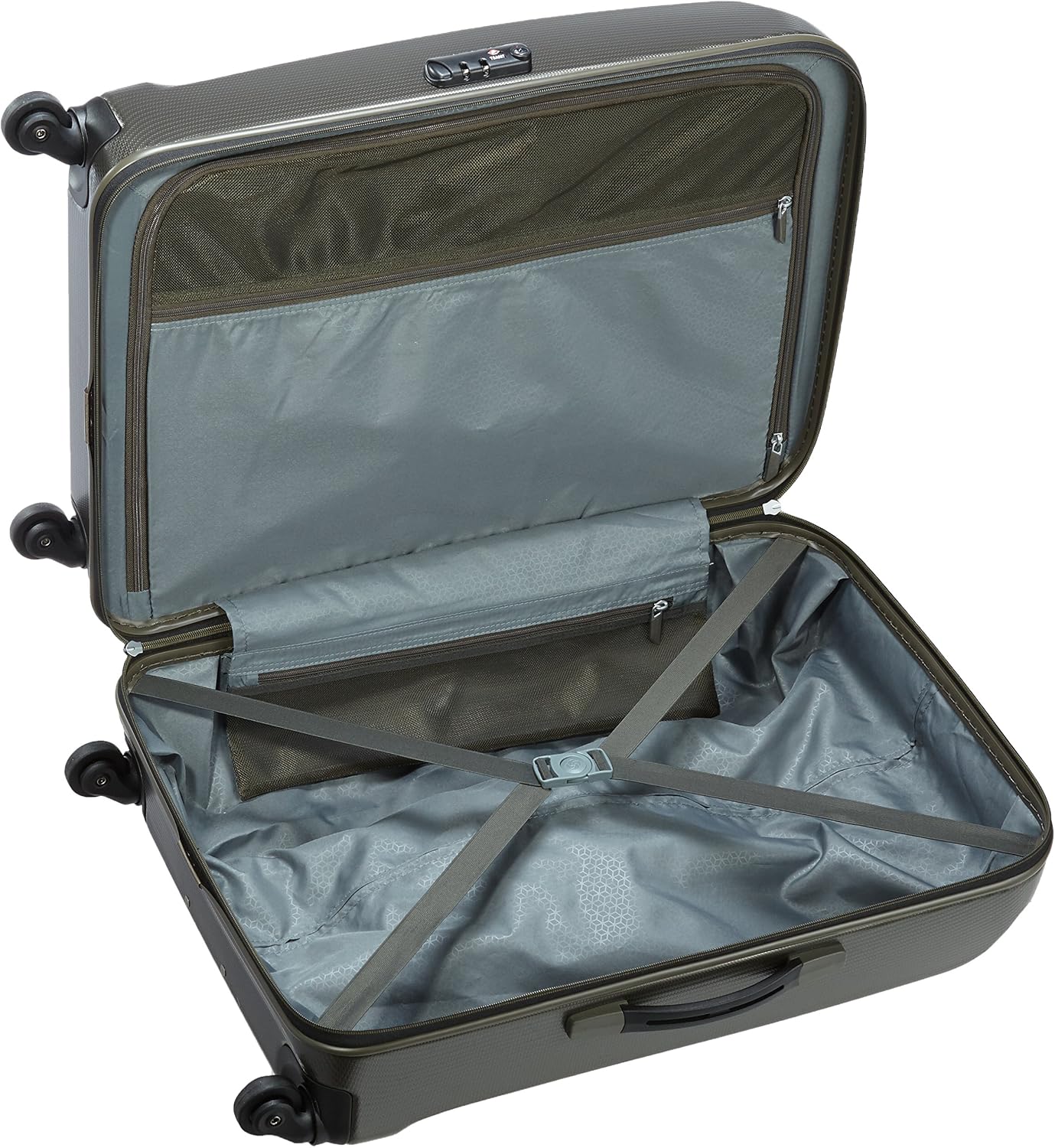 Interior view of Samsonite Skydro Spinner 69/25 suitcase showing packing straps and zippered divider