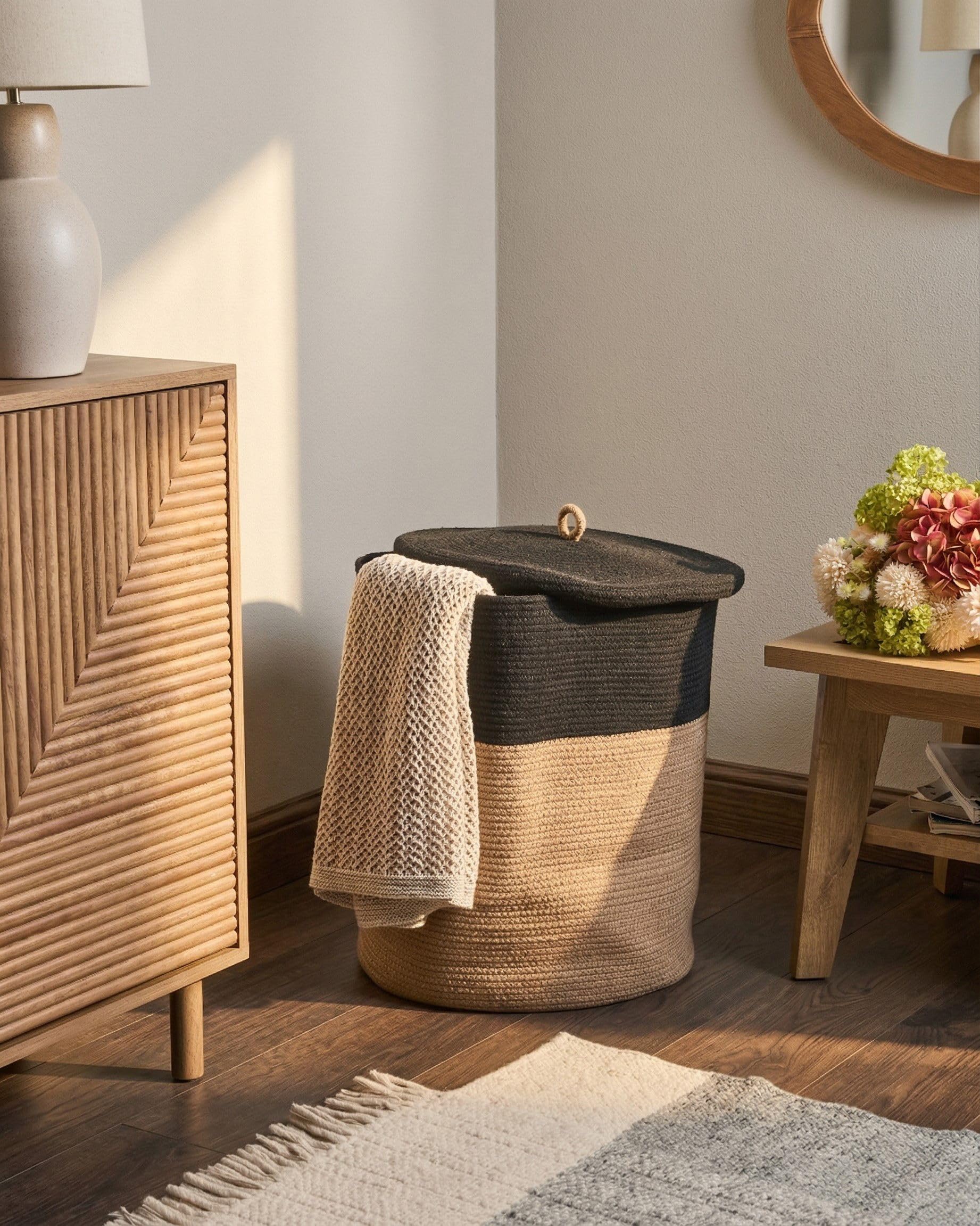 Korb Baumwolle beige/schwarz geflochten gestreift mit Deckel Boho-Design Silopi