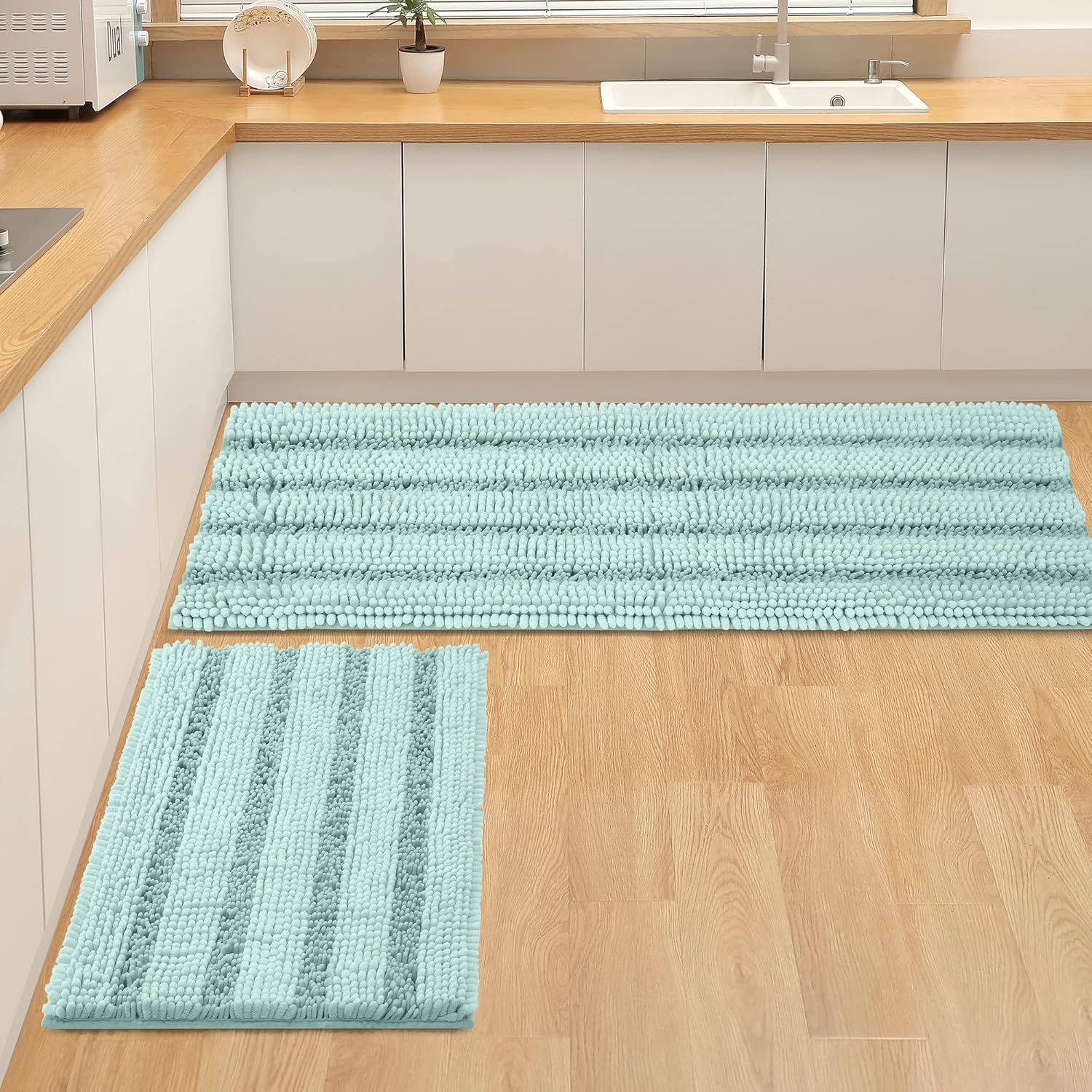 FLOLEOPA Non Slip Shaggy Chenille Spa Blue Bathroom Rug