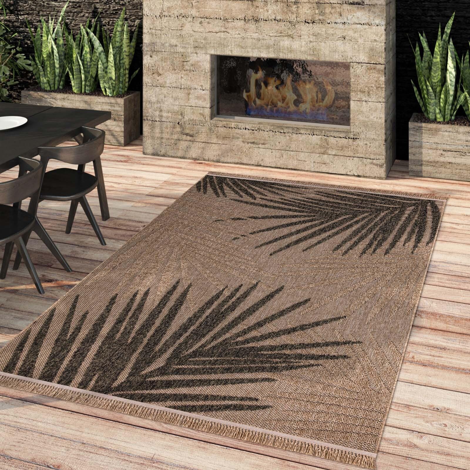Taracarpet Outdoor & Indoor Teppich wetterfest Borneo Premium Sisal-Jute-Optik Natur für Wohnzimmer, Küche, Balkon, Wintergarten Blätter Palme beige 200x280 cm