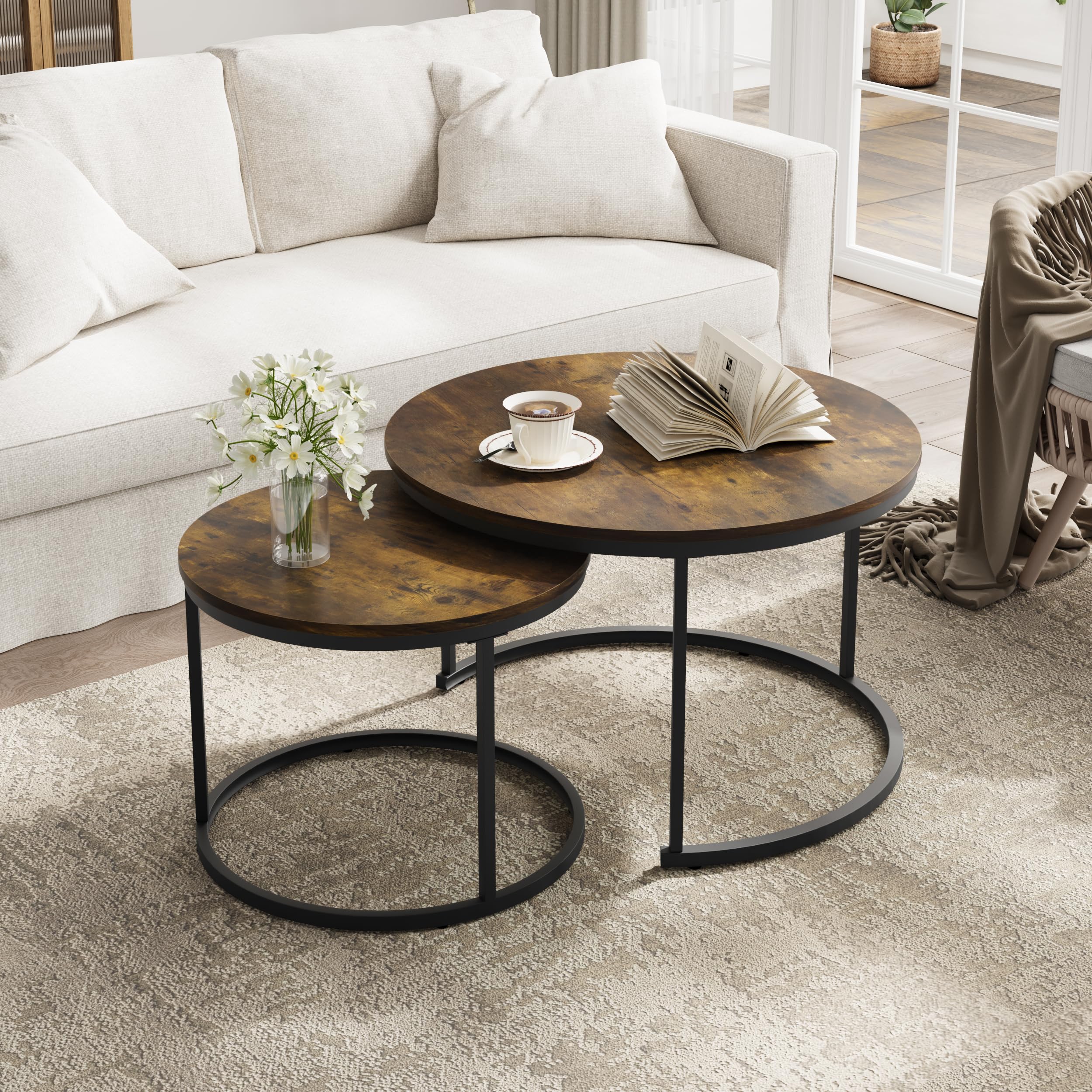 Smuxee Rustic Nesting Coffee Table Set of 2, 27.6" Round Coffee Table Wooden Marble Pattern with Adjustable Non-Slip Feet, Industrial End Table for Living Room Bedroom Balcony