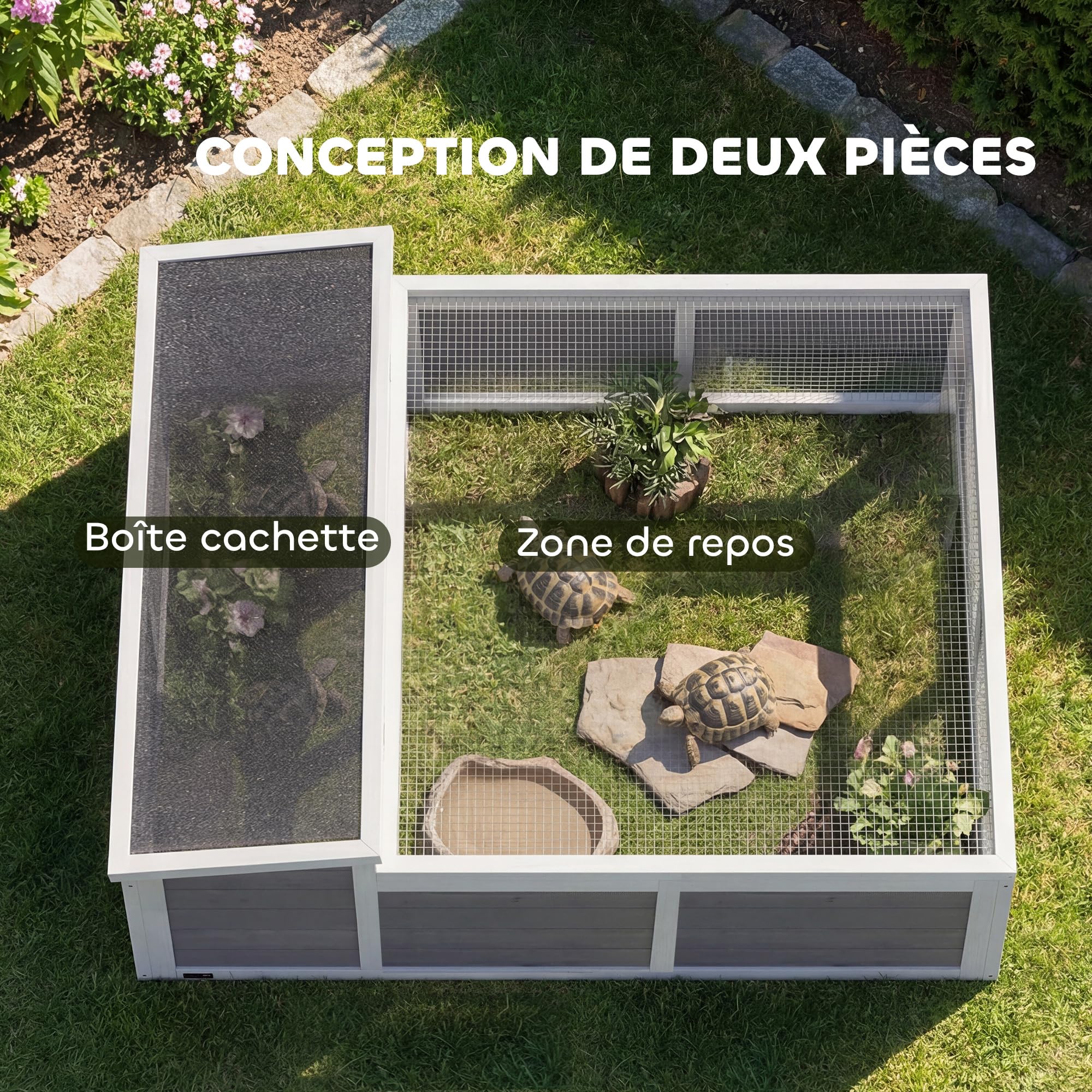 PawHut Maison Tortue Terrestre en Bois XXL 113x106,5x44,5cm - Habitat 2 Zones avec Double Toit Ouvrant Bitumé et Grillagé, Fenêtre - Enclos Tortue Hermann et Parc Lapin, Gris Foncé