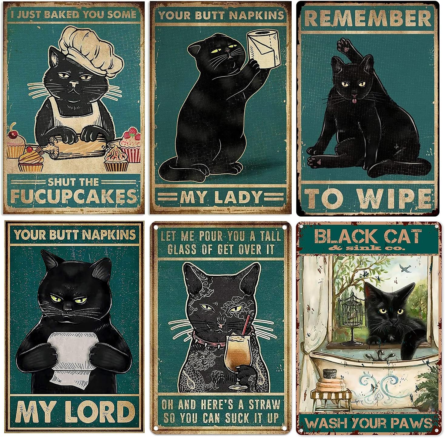 YOMIA Vintage Metal Black Cat Signs for Home Decor Retro Tin Signs Vintage Plaque Poster for