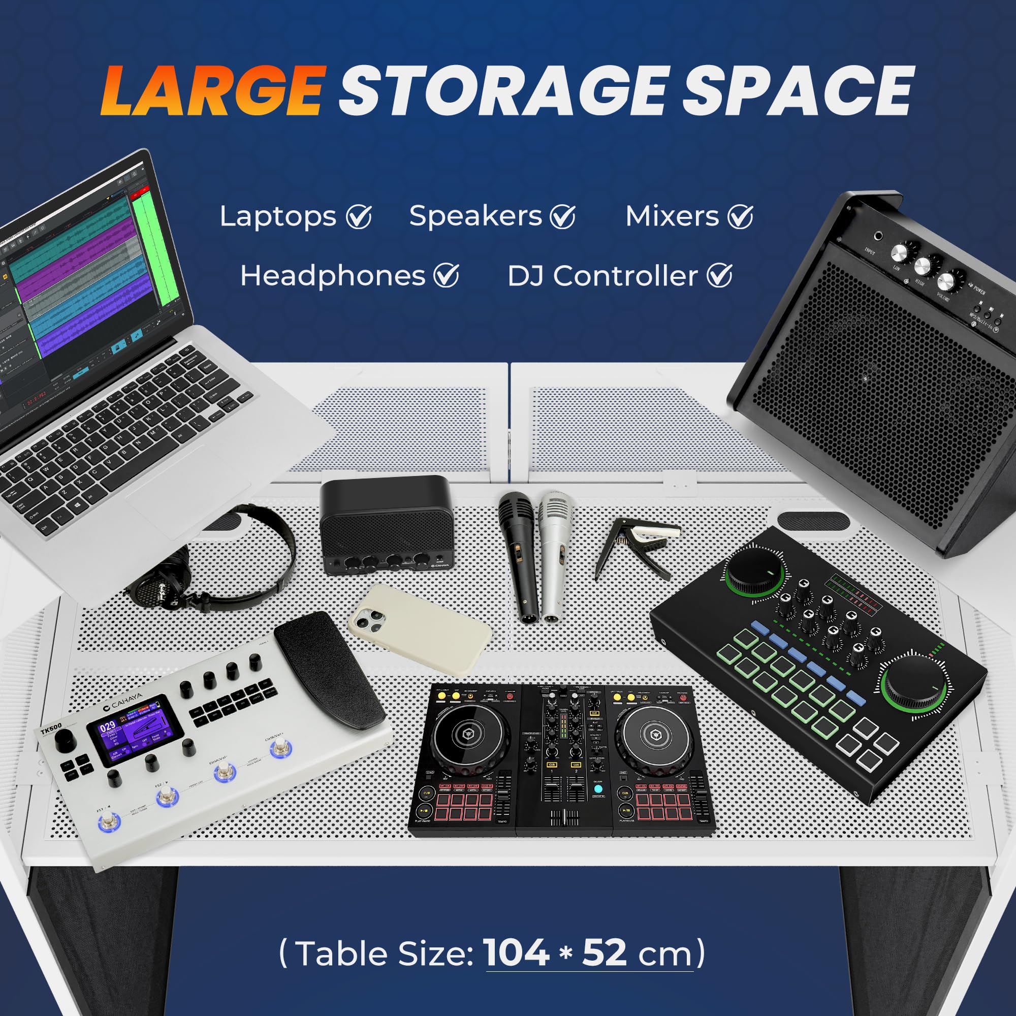 CAHAYA Tavolo da DJ portatile pieghevole – Professionale DJ Booth con pannelli in tessuto nero e bianco, robusto telaio in metallo, gestione dei cavi e borsa per il trasporto, workstation DJ per