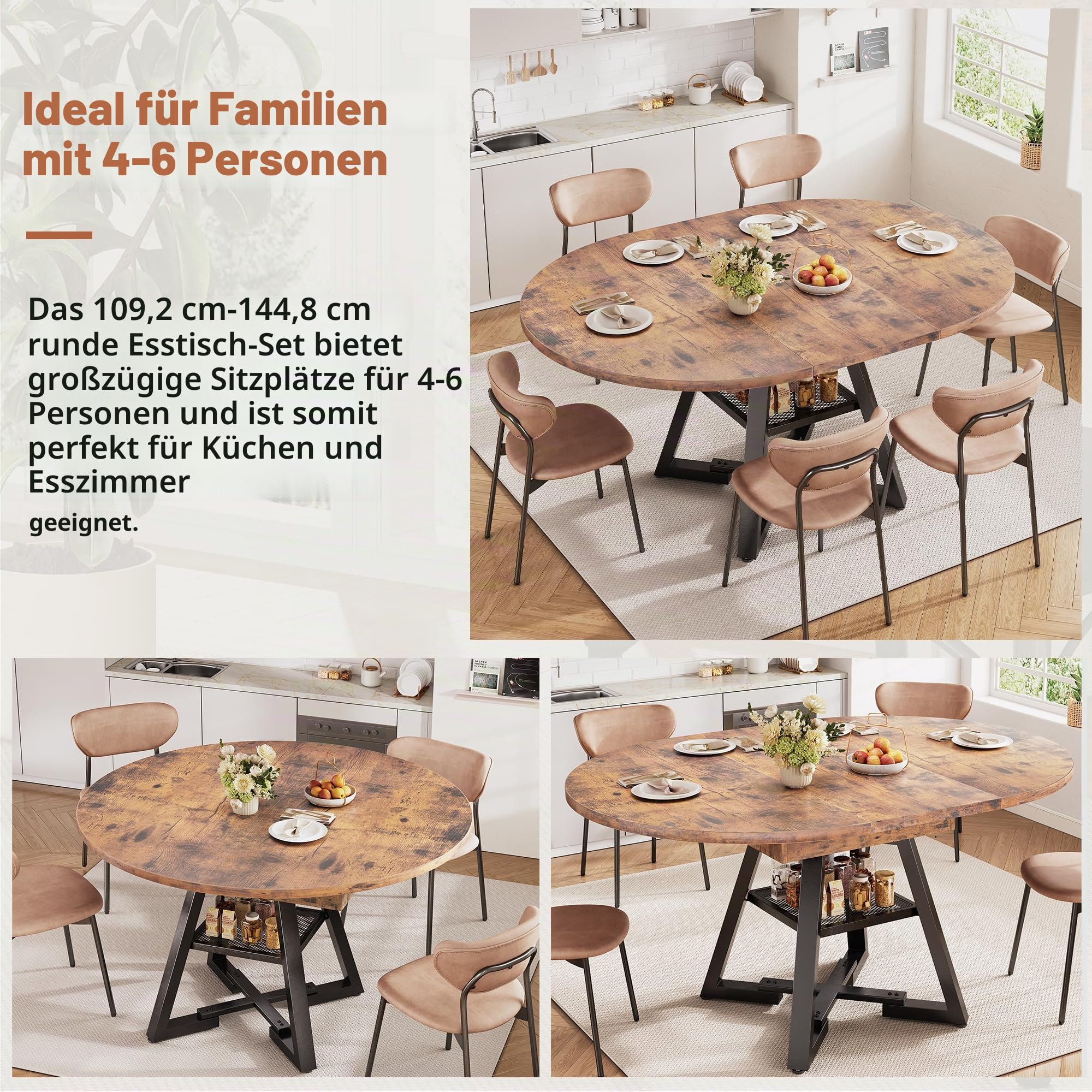 Jocoevol Ausziehbarer Esstisch 110-145 cm für 4, 6 oder 8 Personen,Runder Esszimmertisch mit abnehmbarem Einlegeblatt und Ablagefach,Erweiterbarer ovaler Küchentisch mit Mittelsäulenfuß (Jahrgang)