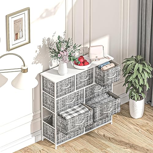 Miniatura 7 de Cómoda de tela con 9 cajones para dormitorio, armario, pasillo, guardería, organizador de pecho con cubos de tela, mango fácil de tirar, marco de