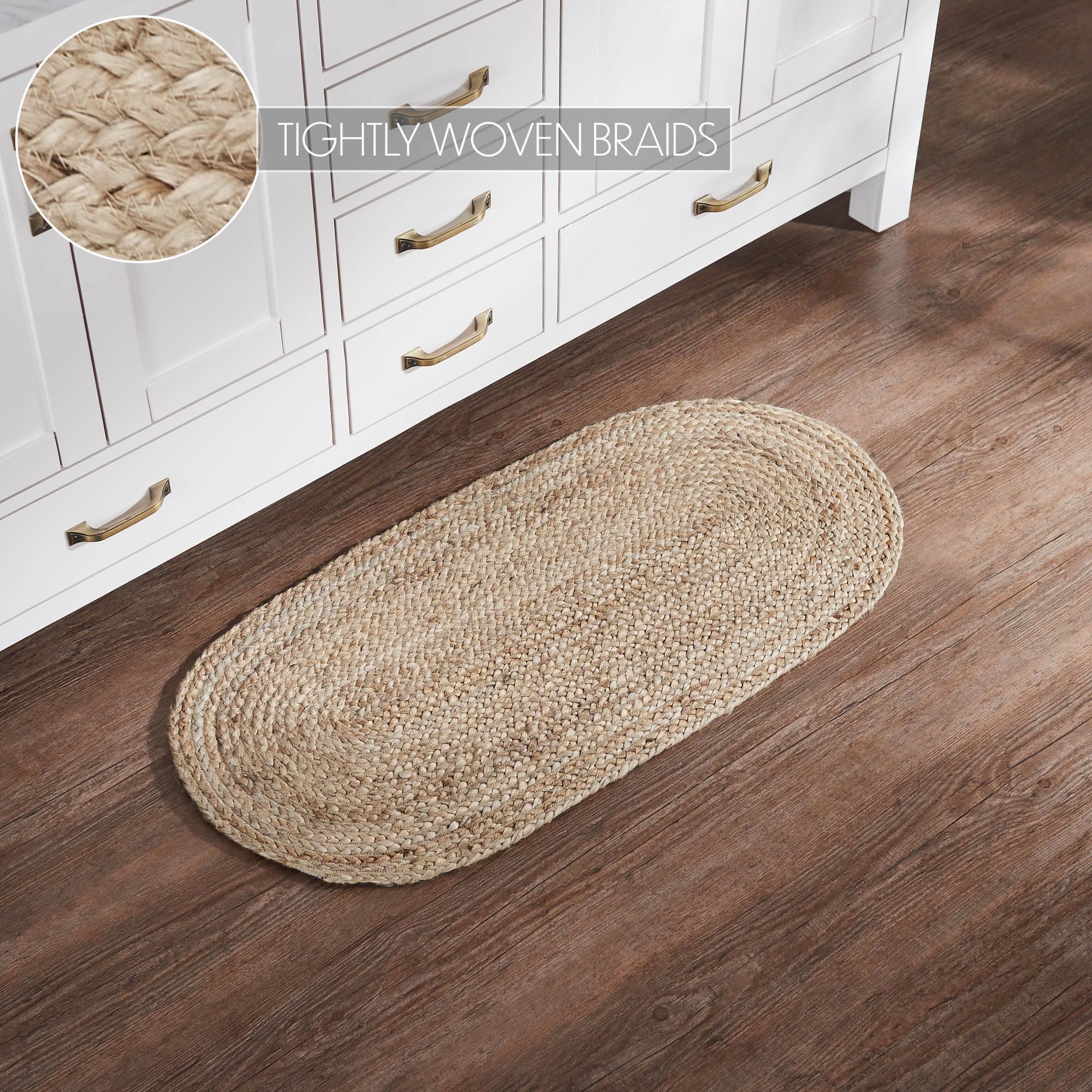 VHC Brands Juteteppich, 43,2 x 91,4 cm mit Pad, Jute-Teppich, Akzentteppich, Bodendekoration, geflochten, natürliche Jute-Kollektion, oval, 43,2 x 91,4 cm, Natur