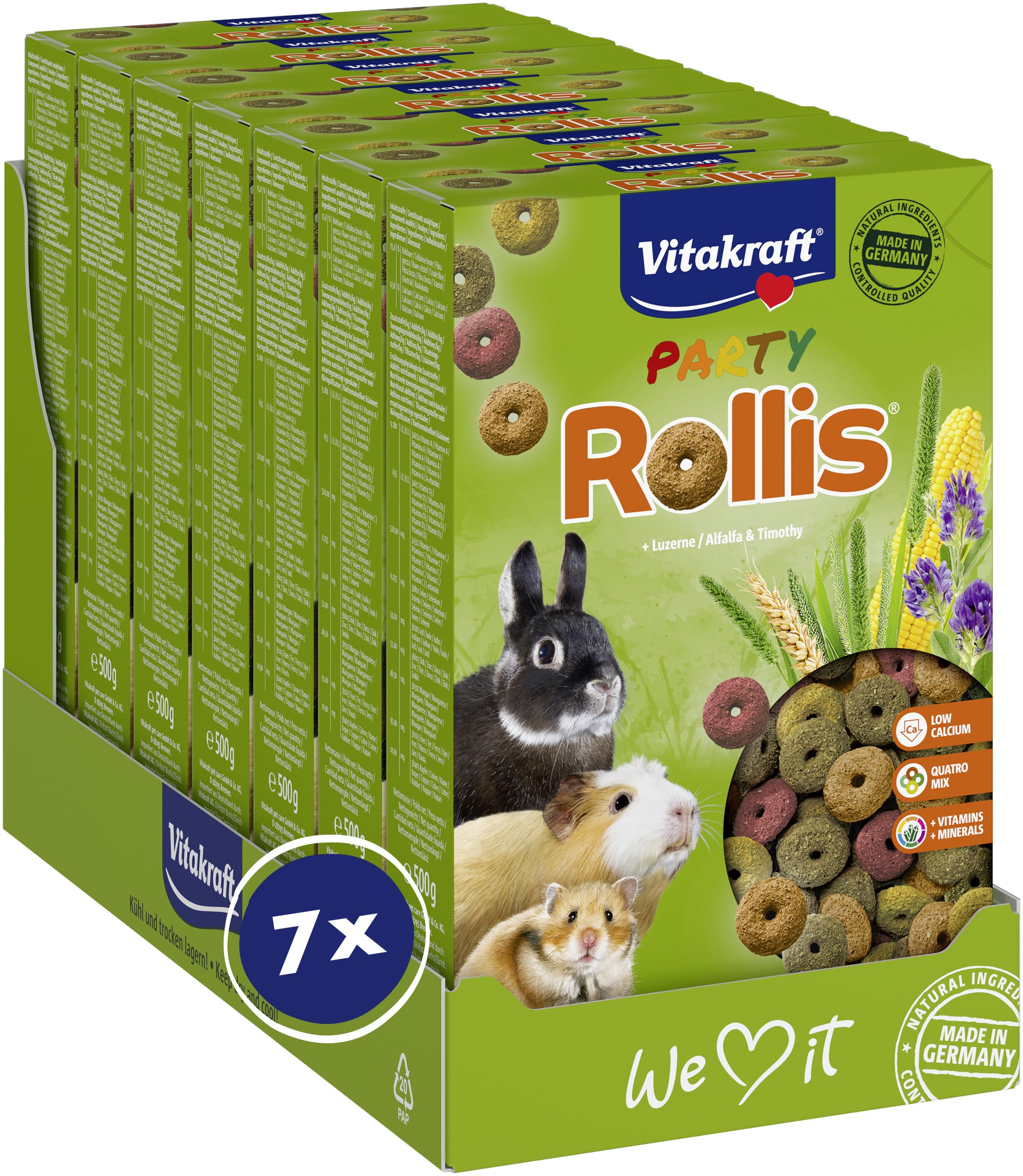 Vitakraft Rollis, Knusperringe für Nager, calciumarm, mit Luzerne, als Ergänzung zum Hauptfutter oder als Snack zwischendurch, ohne Zusatz von Zucker und Getreide (7X 500g)