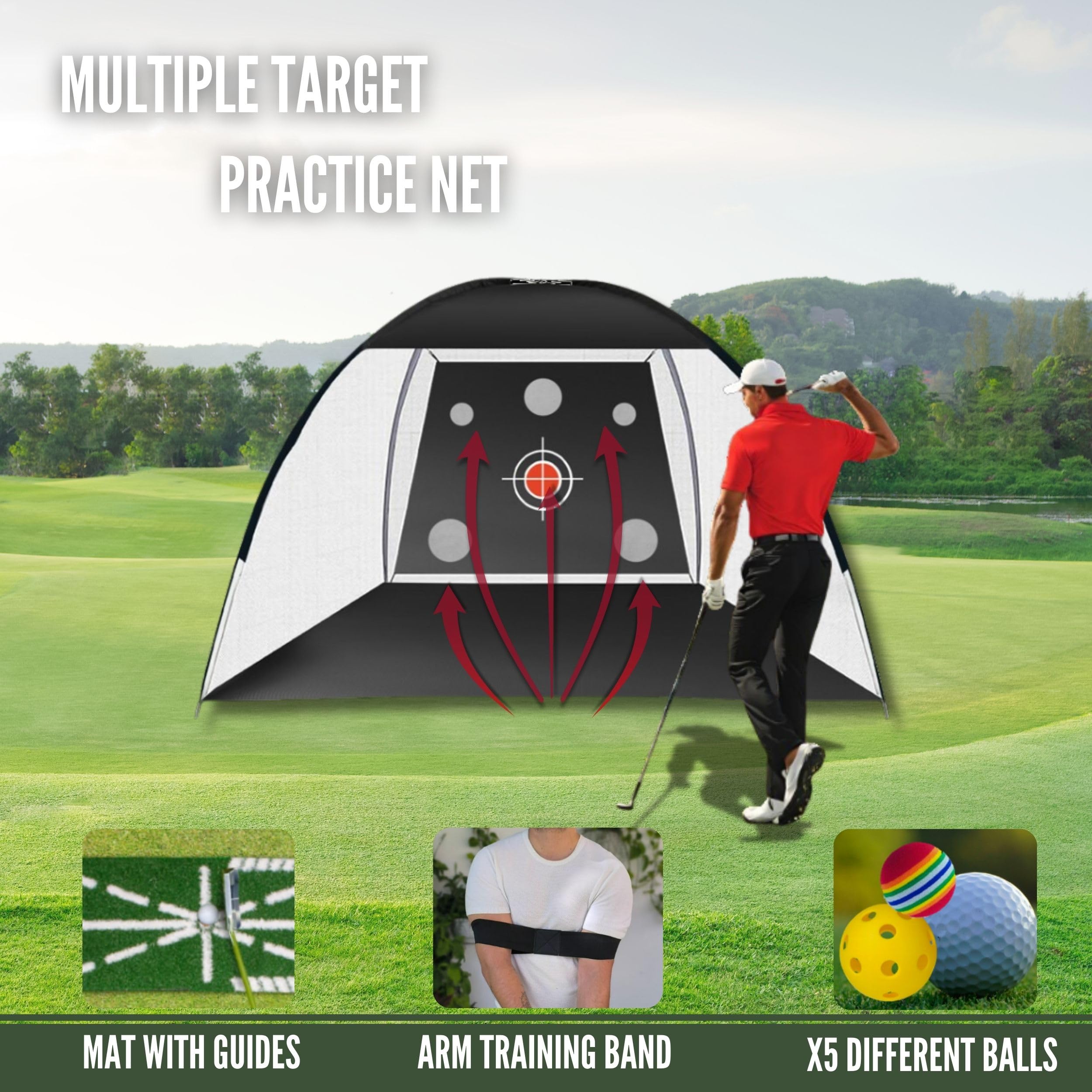 Golf Net 10x7ft – All-in-One Indoor/Outdoor Practice net with Multiple Targets, Heavy-Duty Base, tee, Balls & Bag for Driving, Chipping & Swing Training for Golf Lovers & dads.