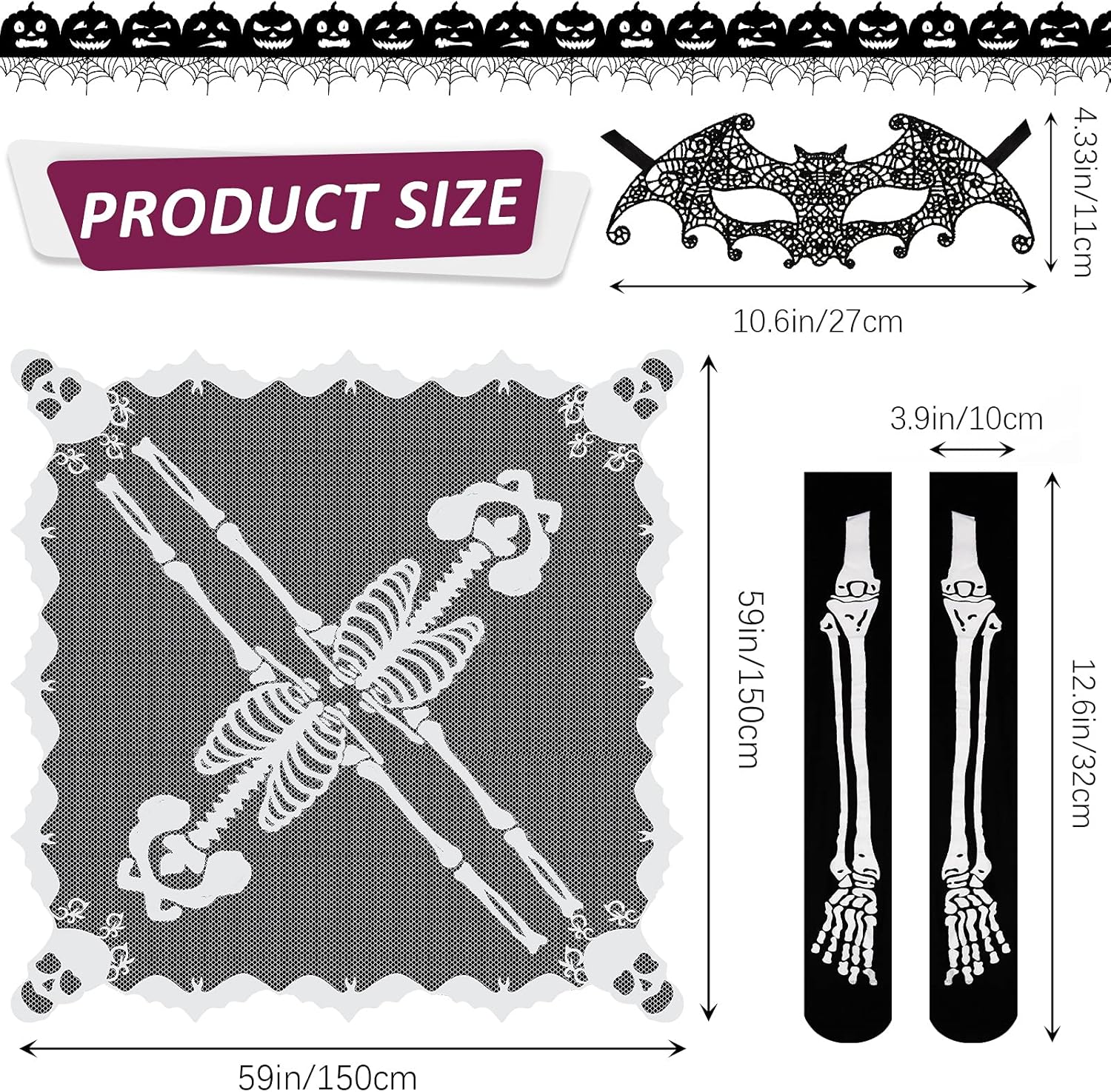 SATINIOR Halloween Skeleton Poncho White Lace Skeleton Poncho Bones Costume with Lace Eye Cover and Skeleton Socks Set for Halloween Skeleton Costume Party (59 by 59 Inch), Multicolored, One Size : Clothing, Shoes & Jewelry