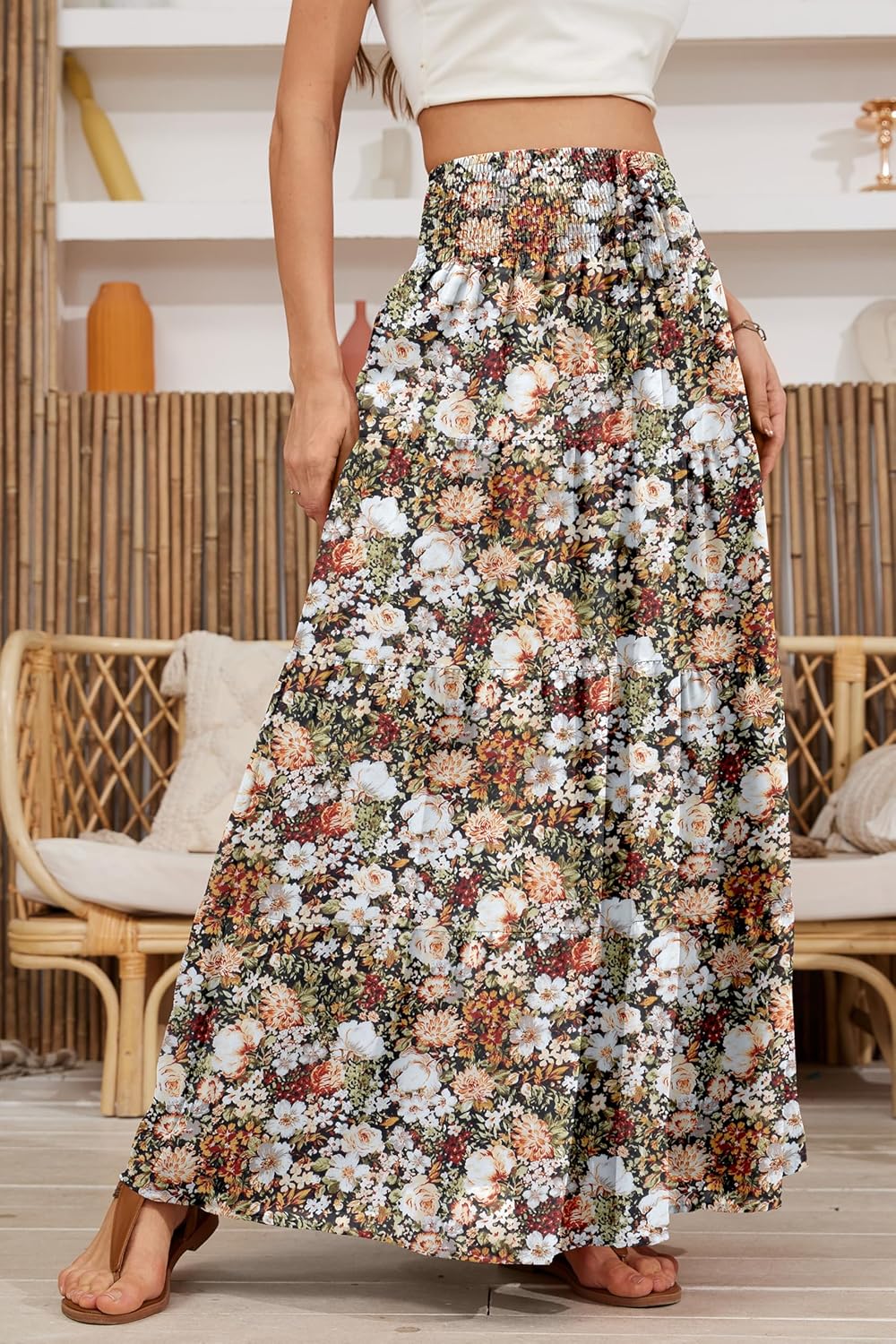 Womens Ruffle Maxi Skirts:High-Waist Elastic Pleated Long Skirt-Summer Casual Boho Flowy Skirts with Drawstring - Image 2