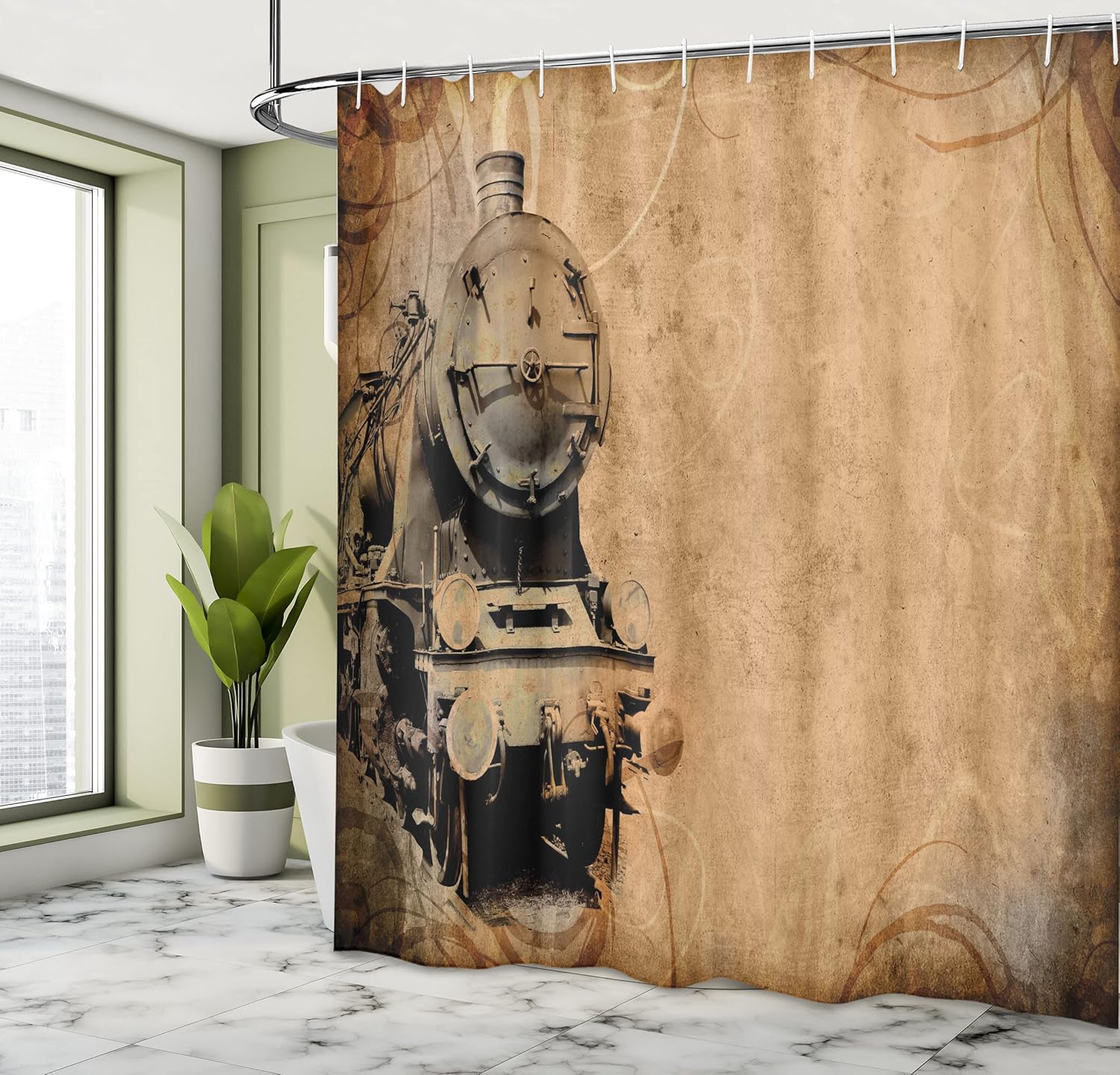 Ambesonne Steam Engine Shower Curtain, Antique Old Iron Train Aged Sepia Grunge Style Design Industrial Theme Print, Cloth Fabric Bathroom Decor Set with Hooks, 69" W x 70" L, Coffee Brown