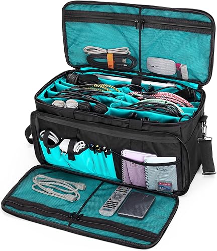 LoDrid Bolsa grande para archivos de cables con parte inferior acolchada interior y divisores desmontables, bolsa para DJ con múltiples bolsillos