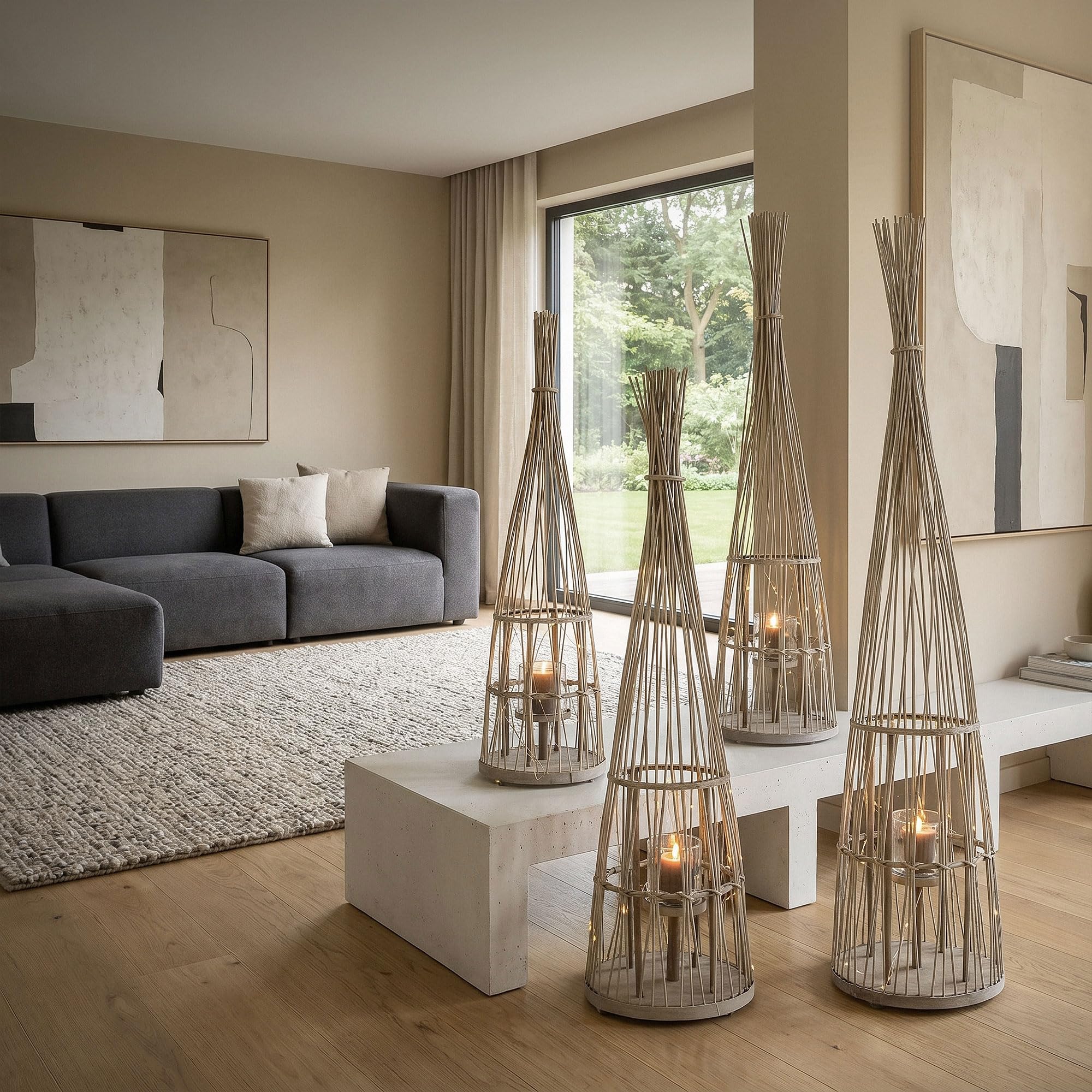ECD Germany Linterna de Bambú con Guirnalda de Luces LED a Pilas e Inserto de Cristal, 91 cm, Portavelas de Madera, Farolillo Boho, Lámpara Interior/Exterior Decorativo para Jardín, Terraza, Balcón