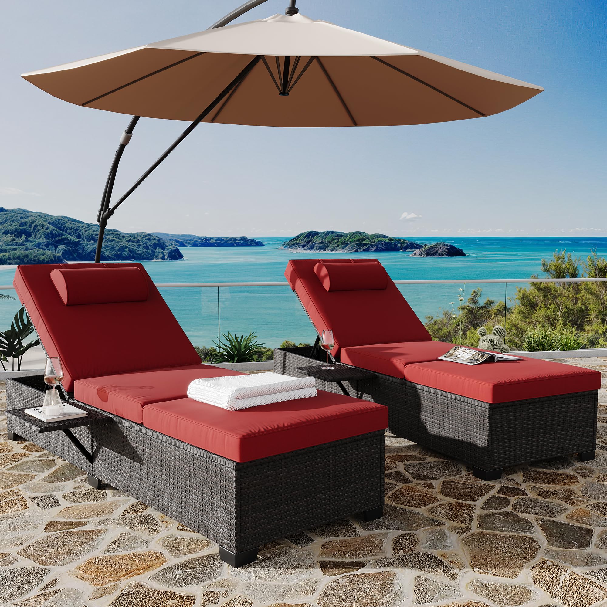 2Piece Outdoor PE Wicker Chaise Lounge Chairs, Pool Lounge Chairs Adjustable Backrest Recliners, Rattan Patio Chaise Lounger Set