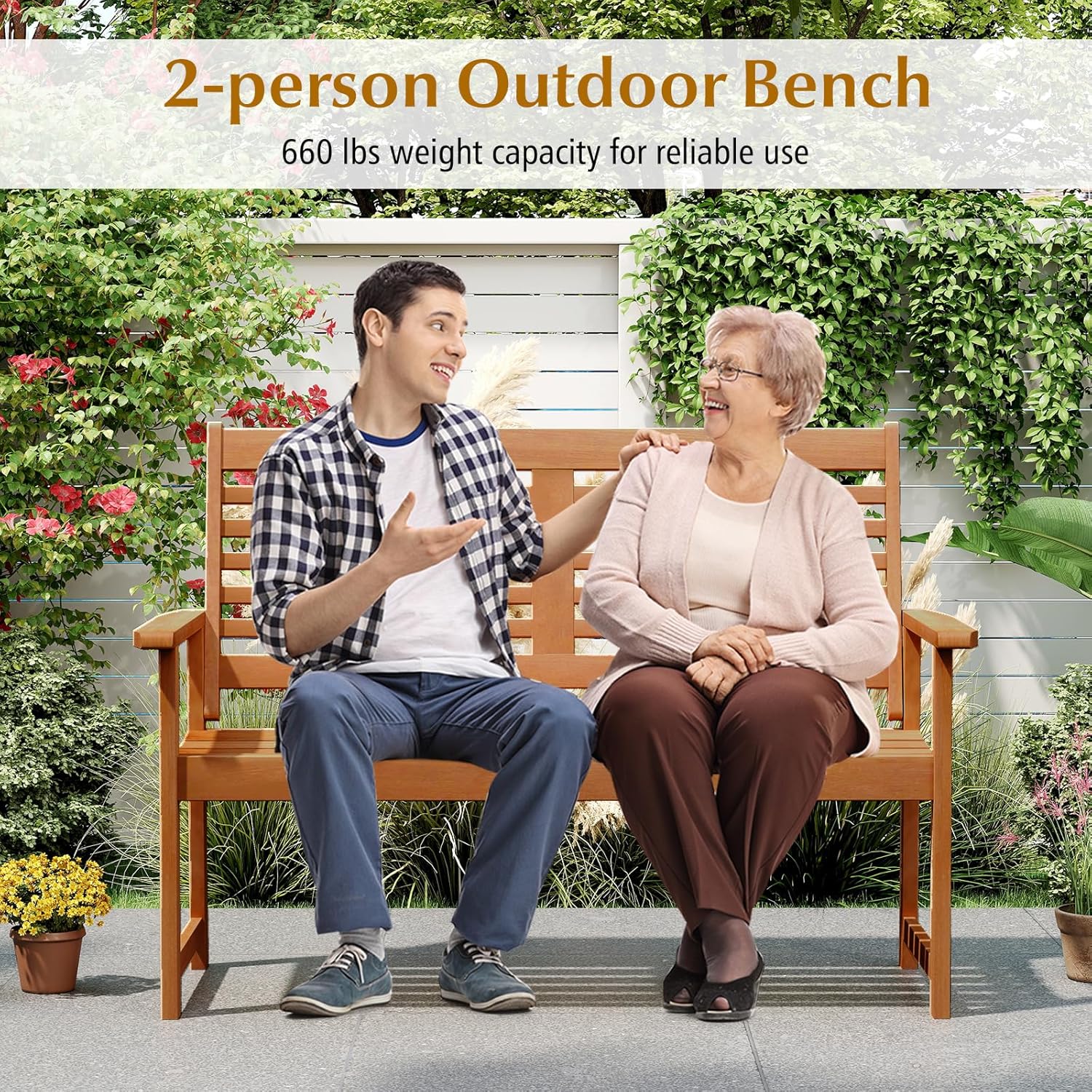 Tangkula Wood Outdoor Bench, 2-Person Patio Bench with Ergonomic Backrest & Armrests, Slatted Seat, Teak Oil Finish, for Front Porch, Backyard, Park, Loads up to 660 LBS