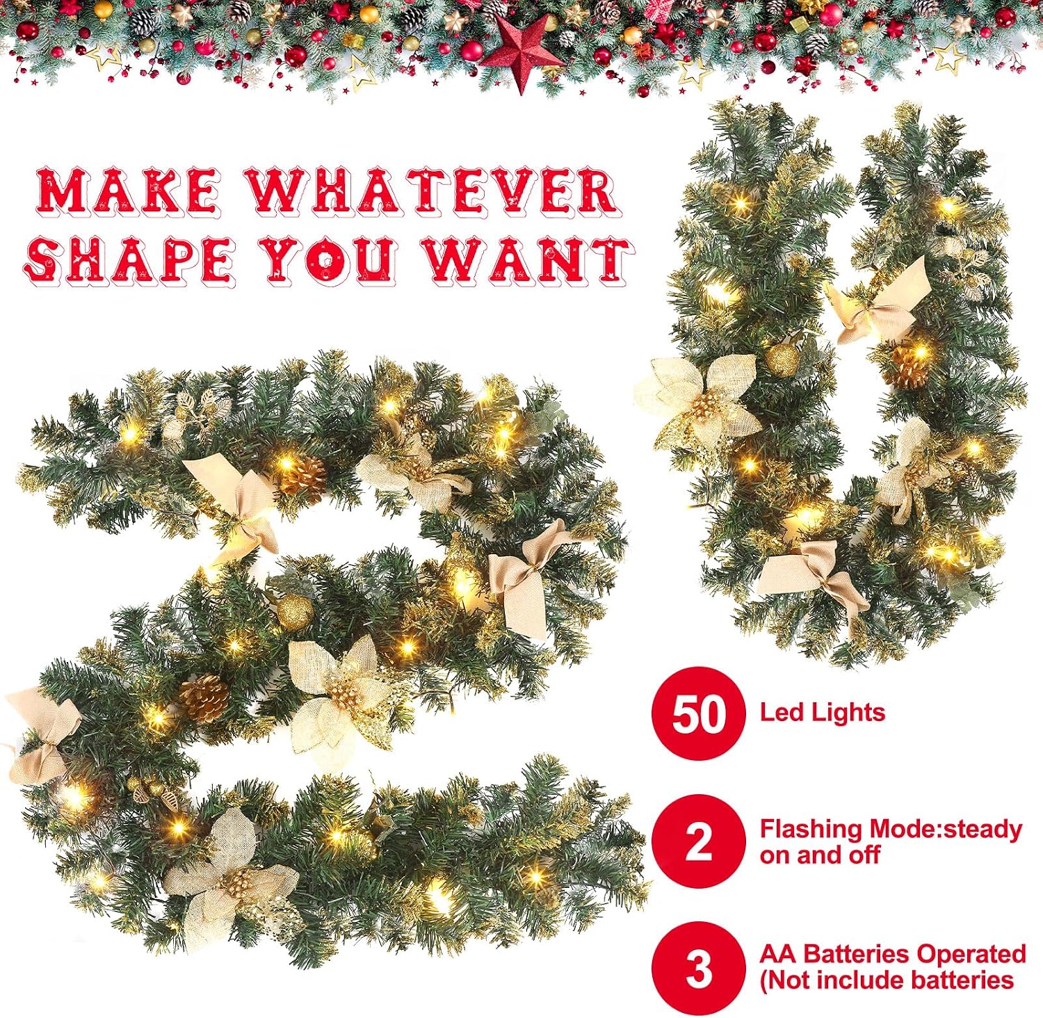 Ceenna 2 Pcs 6 ft Christmas Garland with Lights Christmas Prelit Artificial Garland with Pine Berries Decor Christmas Fireplace Decorations for Mantle Banister Indoor Outdoor (Pine Cone)