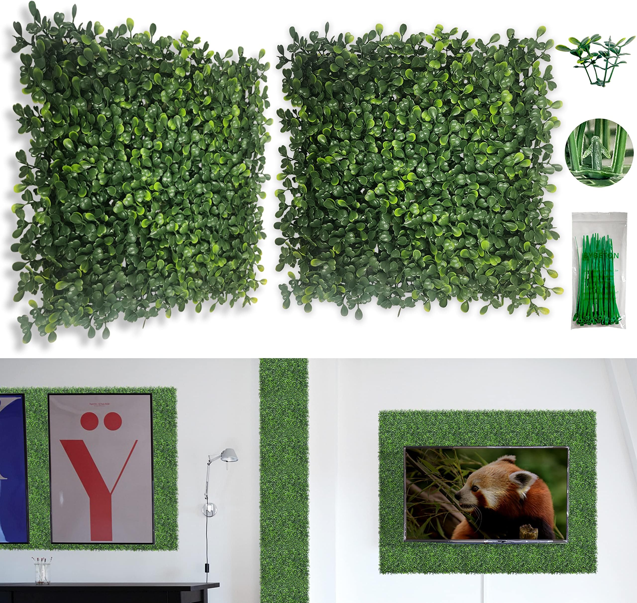 Bybeton Artificial Grass Wall Panel,10"x 10"(12Pcs) Boxwood Faux Green Wall Panels for Interior Wall, Backdrop Wall,Garden Wall and Indoor Outdoor Plant Wall Decor