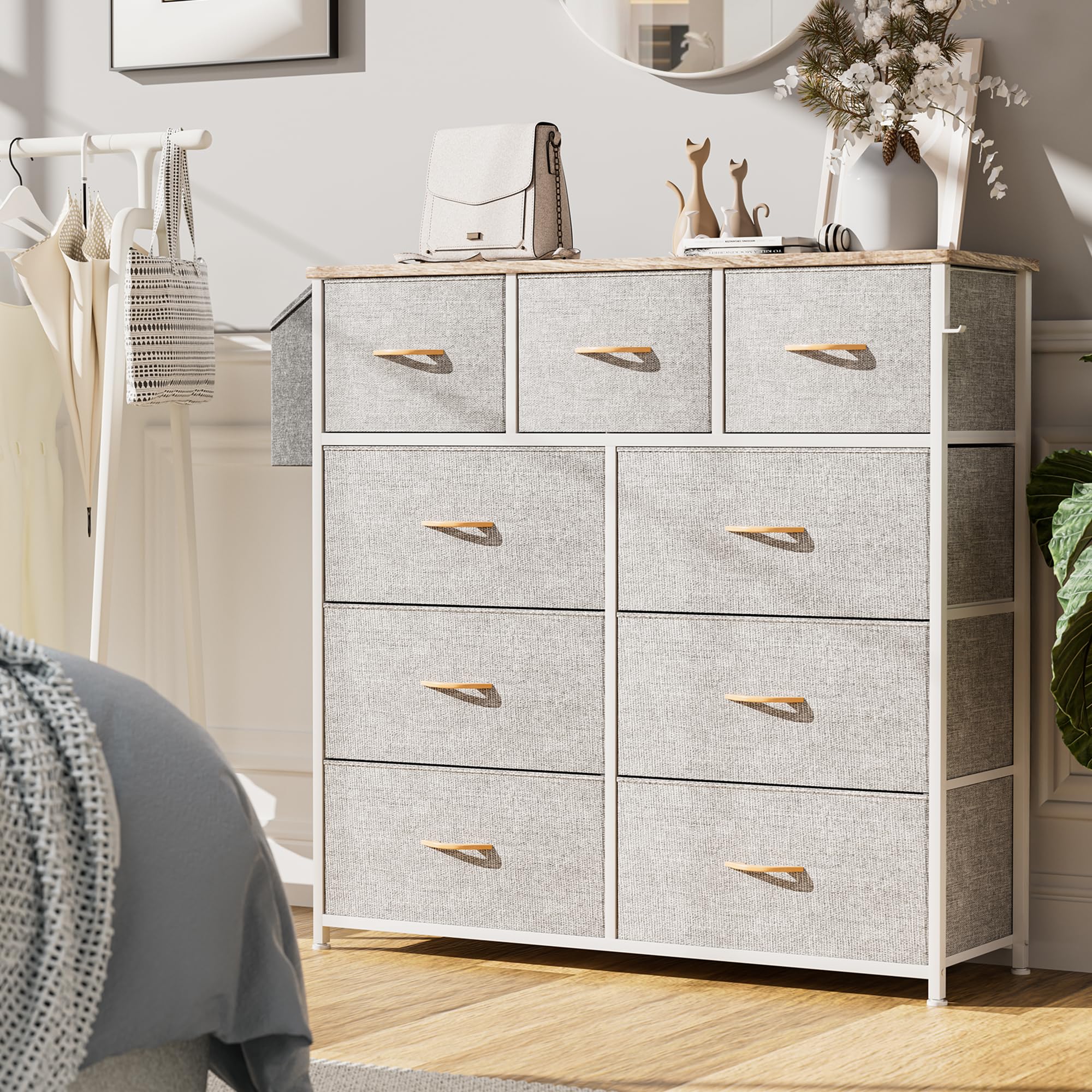 Cassettiera in Tessuto - Cassettiere Stoffa con 9 Grandi Cassetti, Etichette, Tasca Laterale e Gancio per Soggiorno, Corridoio, Camera da Letto