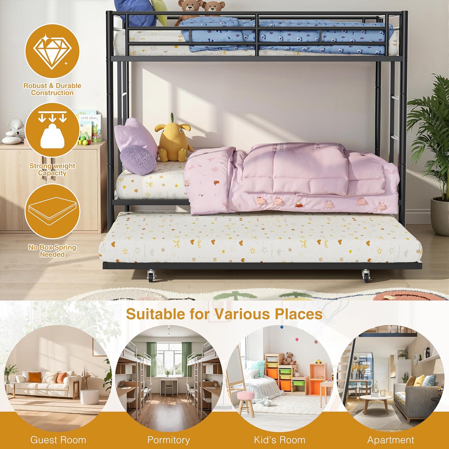 Nuturelly Metal Bunk Bed Twin Over Twin with Trundle, Heavy Duty Steel Frame Bunk Bed Frame with Safety Guardrails & Ladder, Space Saving 3 Beds for Kids, Teens, Dorm, Black